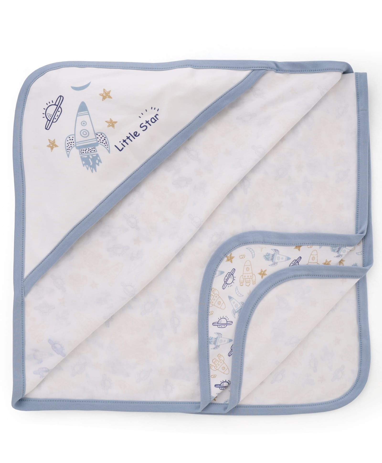 Pink Rabbit Interlock Knit Hooded Towel & Wrappers with Rocket Print L 82 x B 80 cm - Blue-image-38