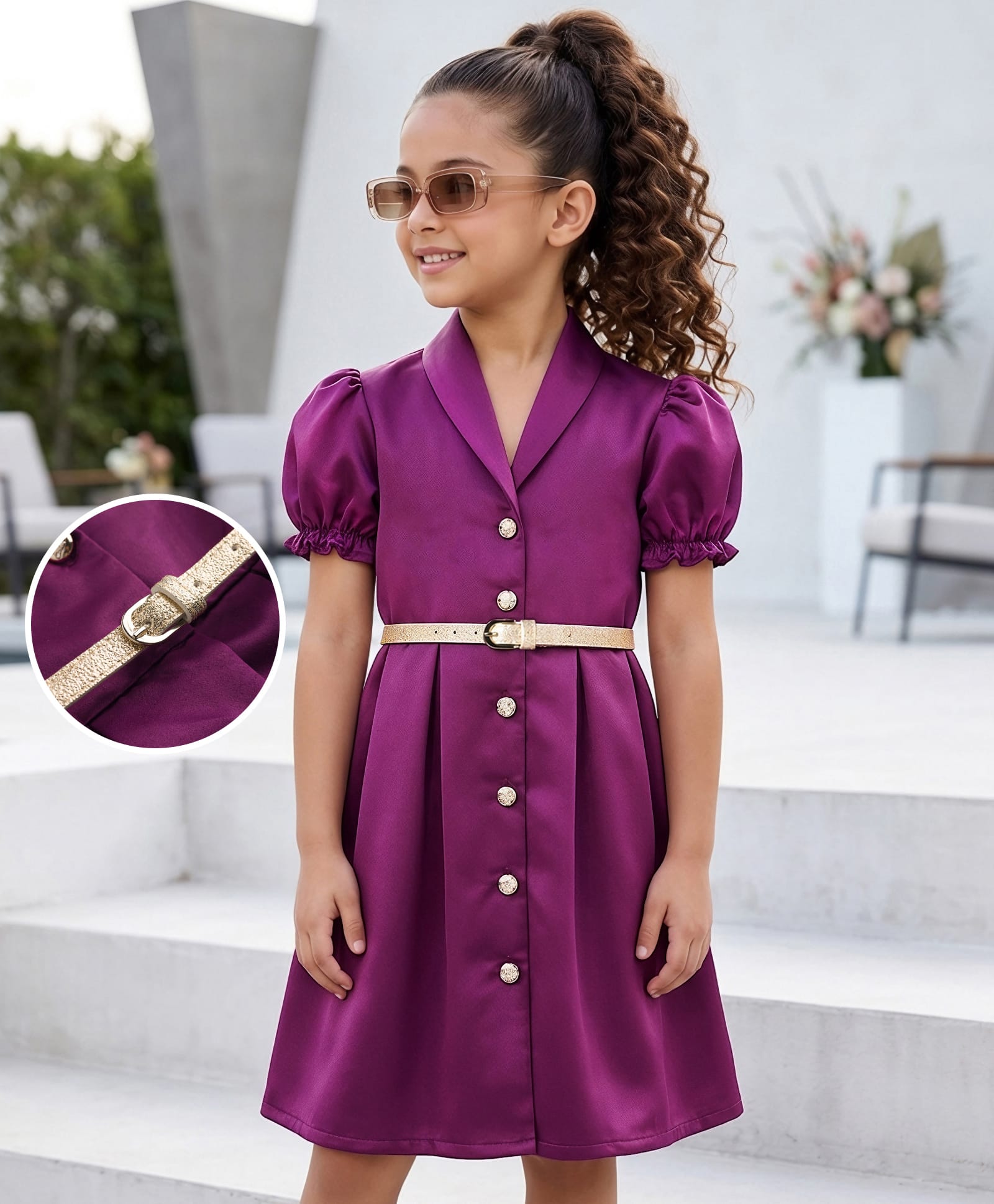 Hola Bonita Woven Half Sleeves Solid Party Wear Satin Dress With Belt - Wine-image-2