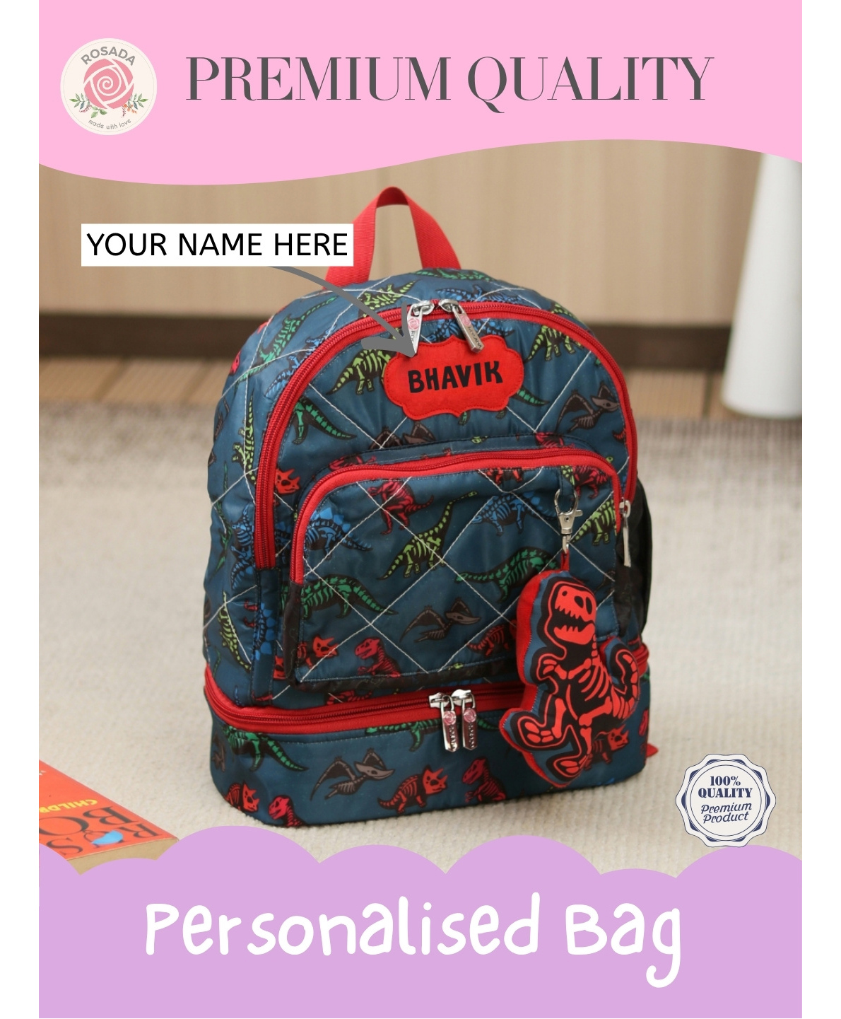 Rosada Height 13 Inches Glow Dino Print DIY Personalised Wonder Backpack with Alphabet Name Kit & Plush Keychain Insulated Bottom Lunch Compartment Waterproof Polyester School Bag Large-image-18
