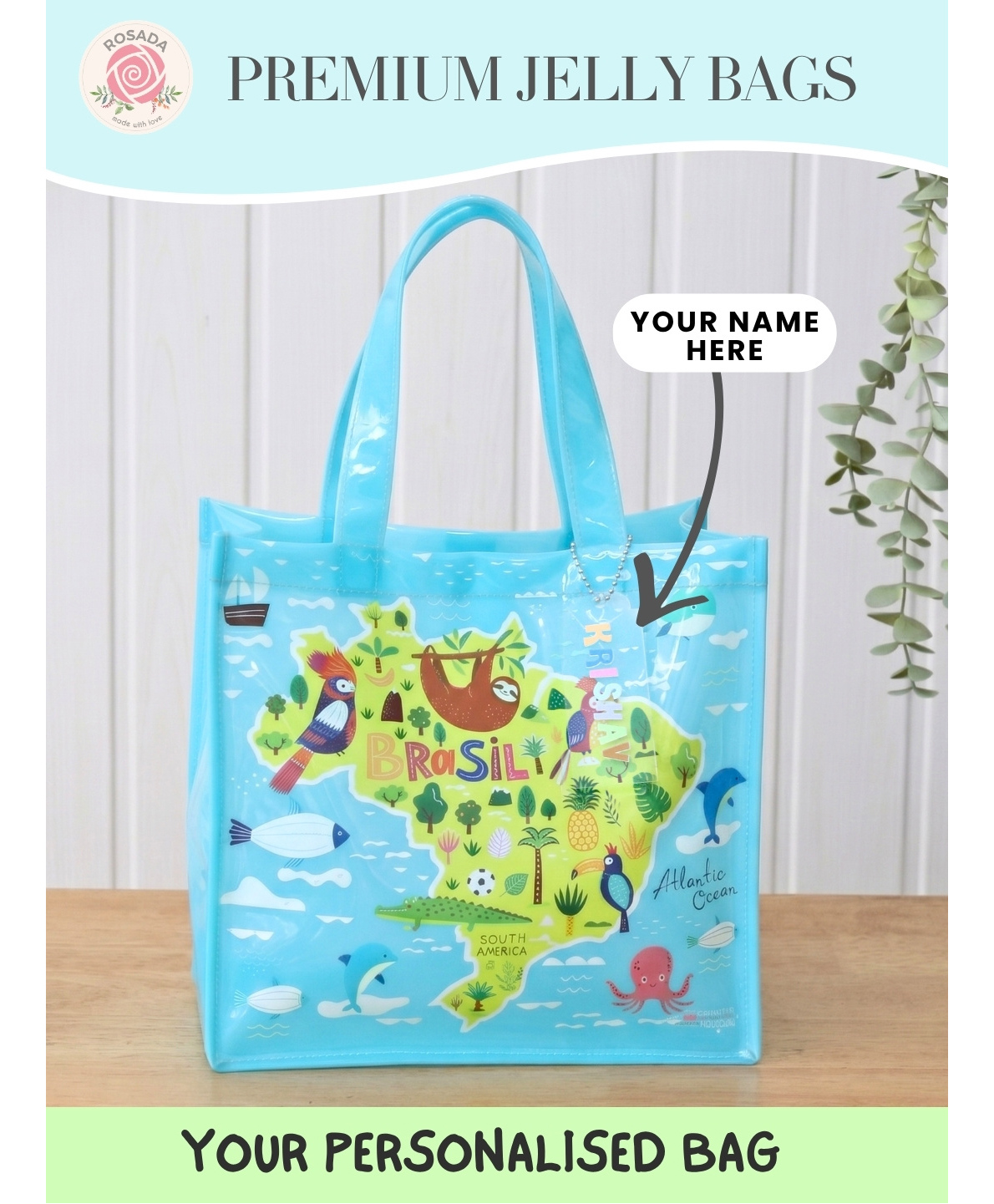 Rosada Blue Map Quest Print DIY Personalised Jelly Mini Tote Handbag with Alphabet Name Kit & Custom Name Keychain Transparent Waterproof Handbag-picture-11