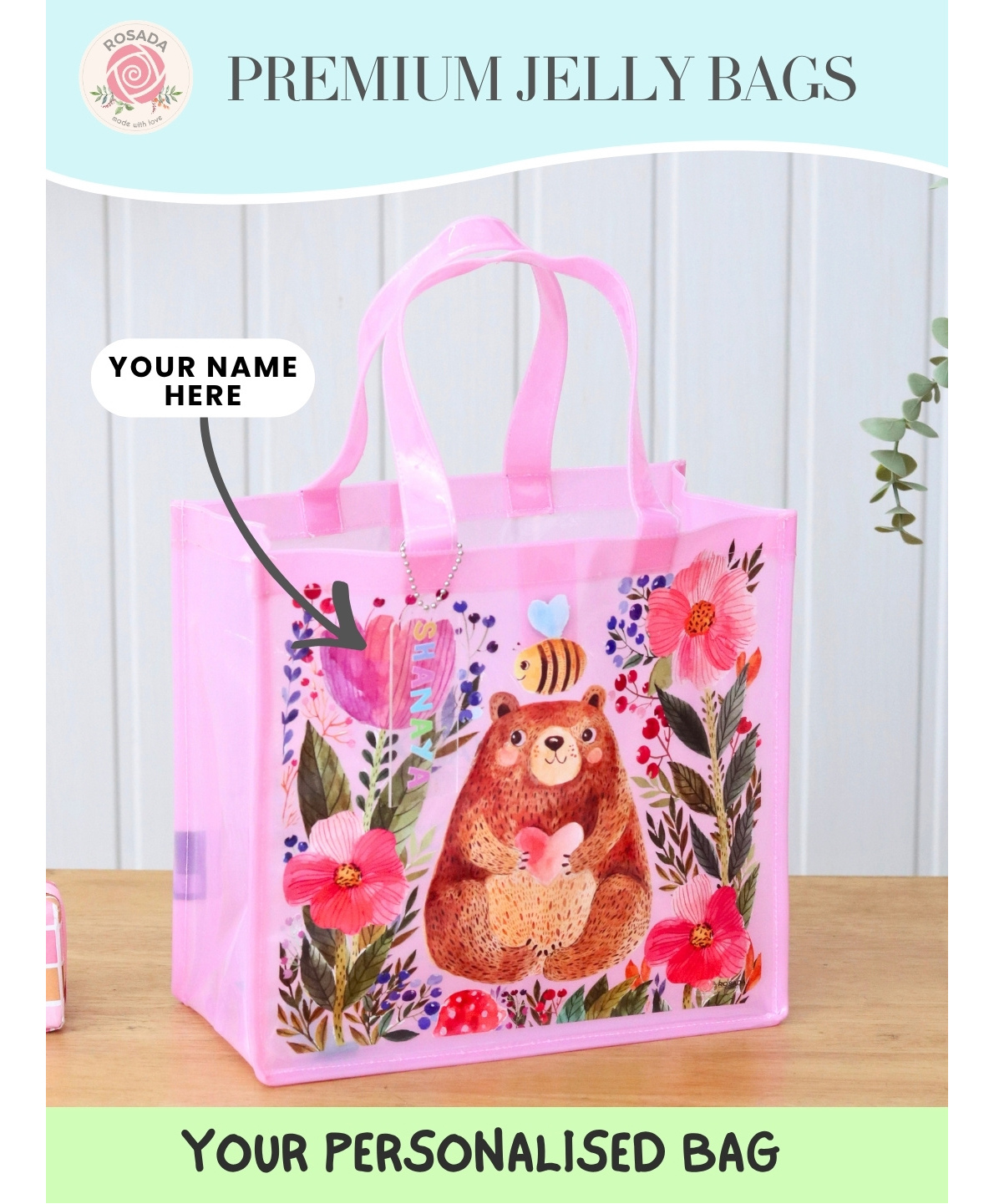 Rosada Blush Bear Bloom Print DIY Personalised Jelly Mini Tote Handbag with Alphabet Name Kit & Custom Name Keychain Transparent Waterproof Handbag-image-13