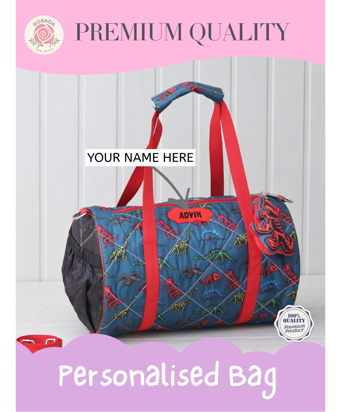 Rosada Glow Dino Print DIY Personalised Duffle Bag with Alphabet Name Kit -Water Resistant Sports & Activity Bag for Boys & Girls with Adjustable Sling - Dark Blue-image-16