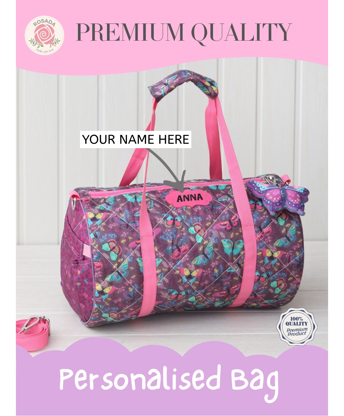 Rosada Flutterfly Print DIY Personalised Duffle Bag with Alphabet Name Kit -Water Resistant Sports & Activity Bag for Boys & Girls with Adjustable Sling - Dark Pink-image-3