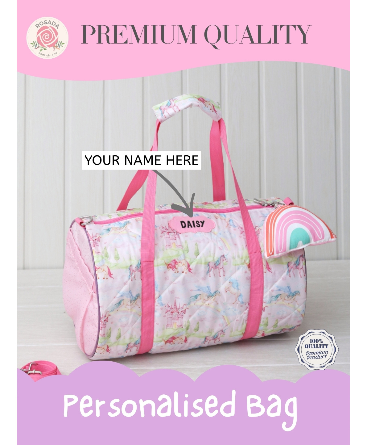 Rosada Pink Unicorn Print DIY Personalised Duffle Bag with Alphabet Name Kit - Water Resistant Sports & Activity Bag for Boys & Girls with Adjustable Sling - Light Pink-image-41