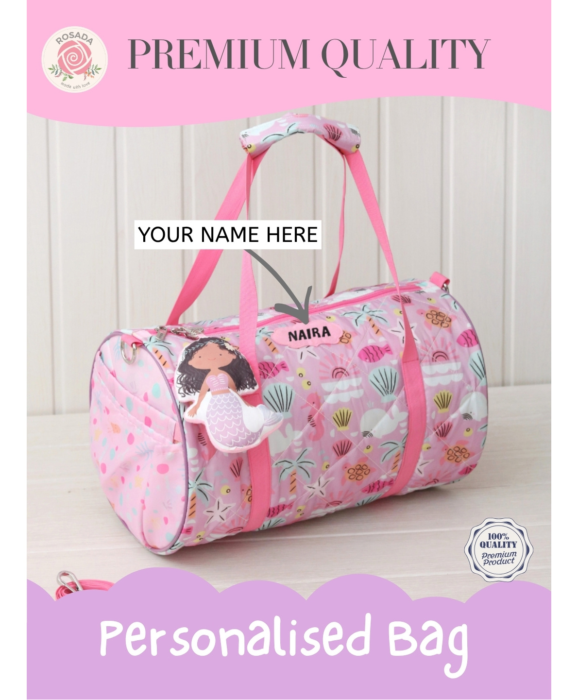 Rosada Mimi Mermaid Print DIY Personalised Duffle Bag with Alphabet Name Kit -Water Resistant Sports & Activity Bag for Boys & Girls with Adjustable Sling --picture-17
