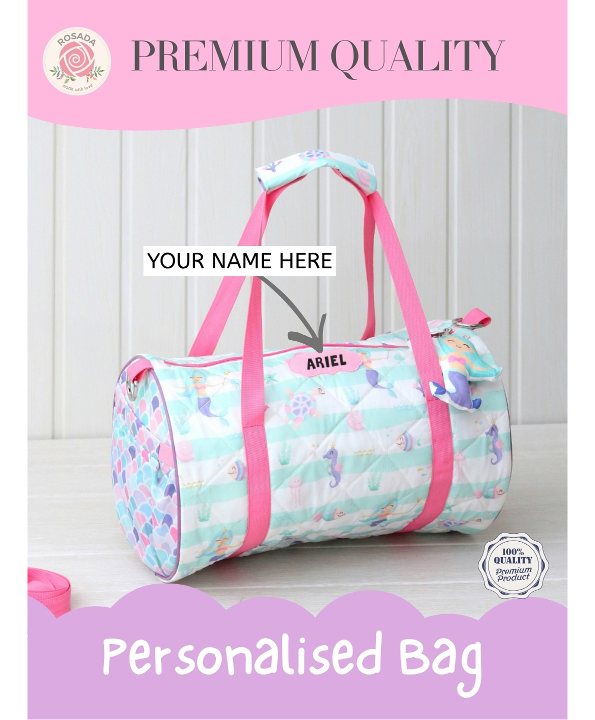 Rosada Aqua Girl Print DIY Personalised Duffle Bag with Alphabet Name Kit -Water Resistant Sports & Activity Bag for Boys & Girls with Adjustable Sling - Aqua Blue-image-23