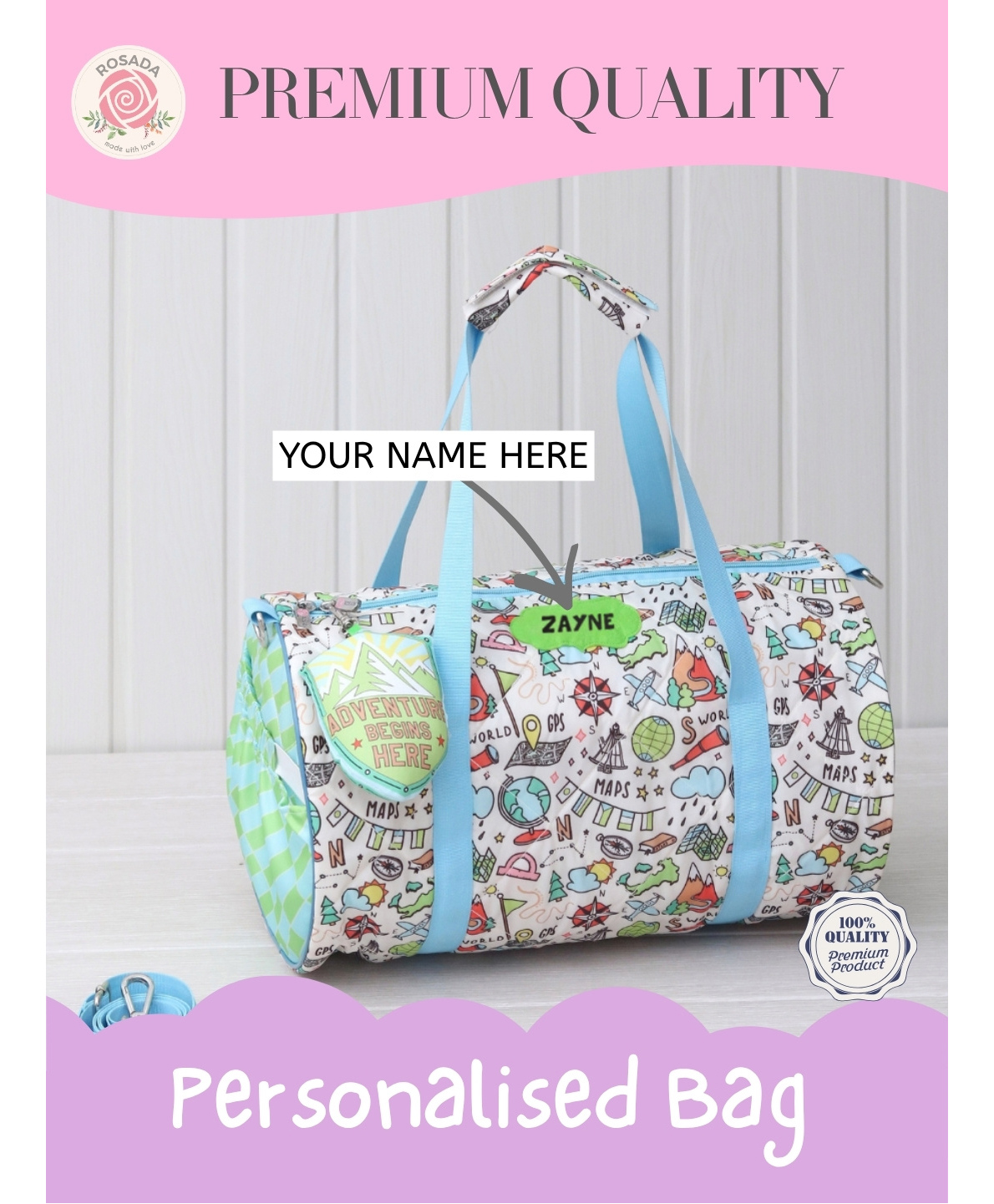 Rosada Explorer Print DIY Personalised Duffle Bag with Alphabet Name Kit -Water Resistant Sports & Activity Bag for Boys & Girls with Adjustable Sling - Off White-image-32