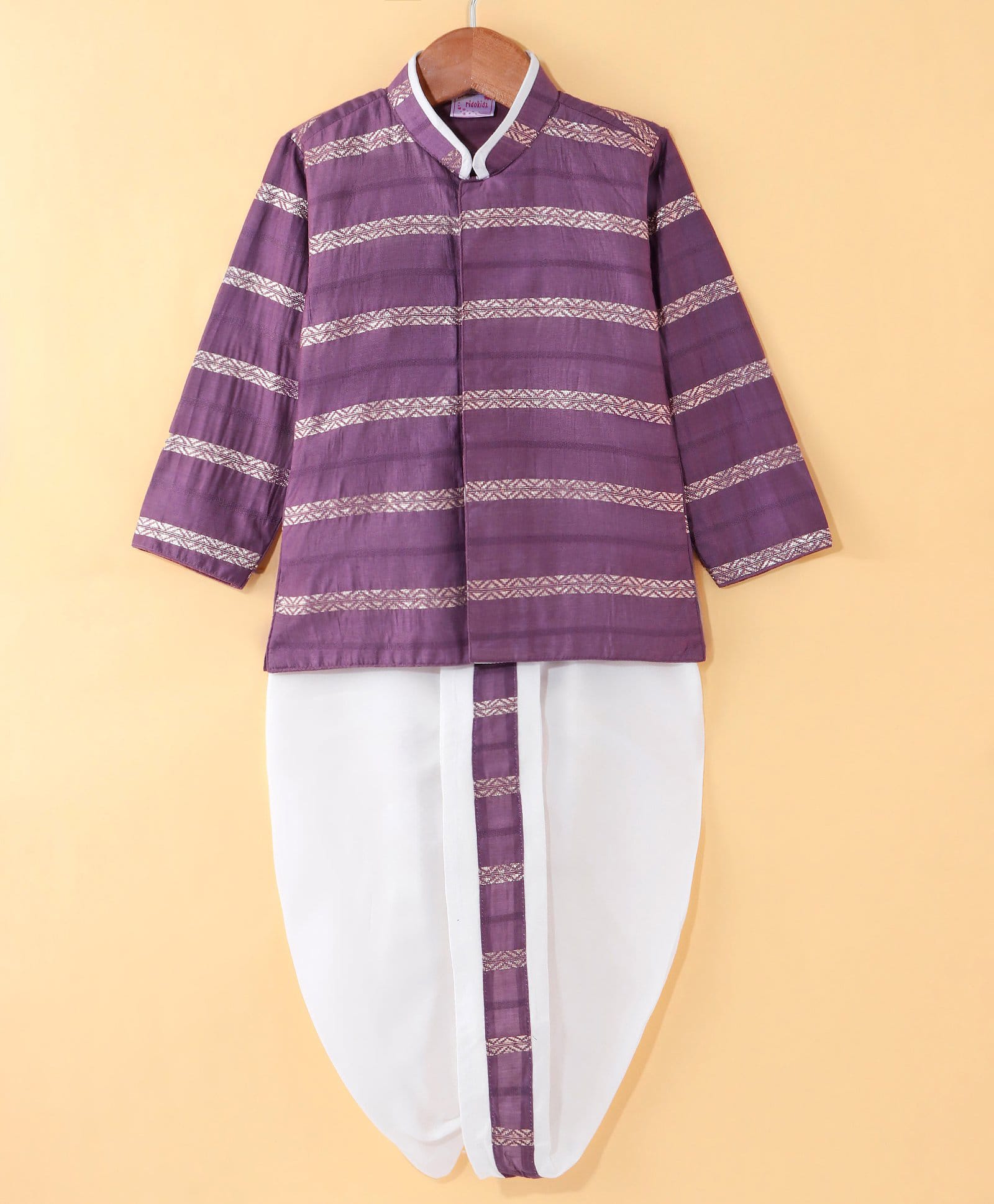 Ridokidz Cotton Woven Full Sleeves Striped Kurta Dhoti Set - Purple-picture-24