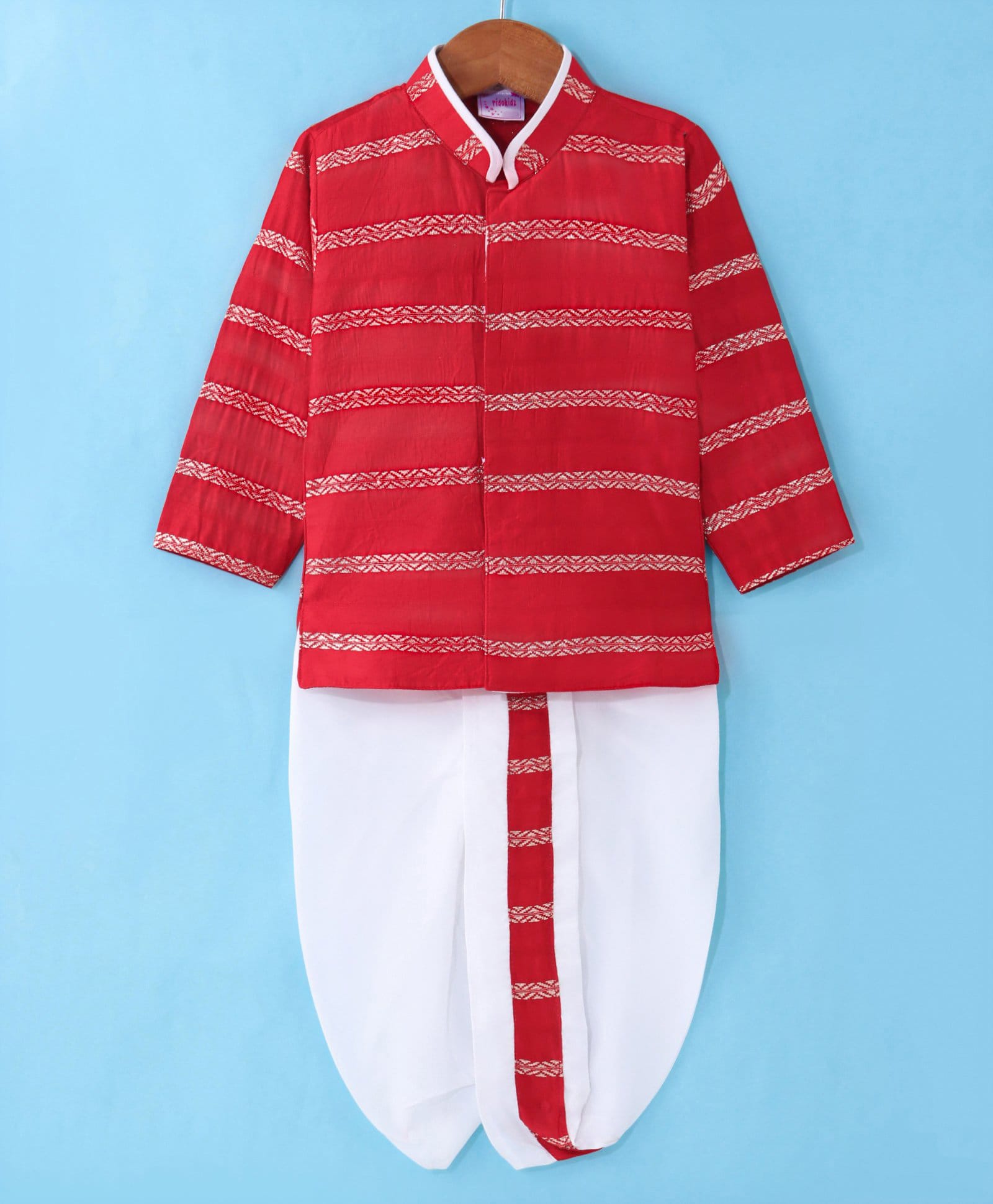 Ridokidz Cotton Woven Full Sleeves Striped Kurta Dhoti Set - Red-picture-30