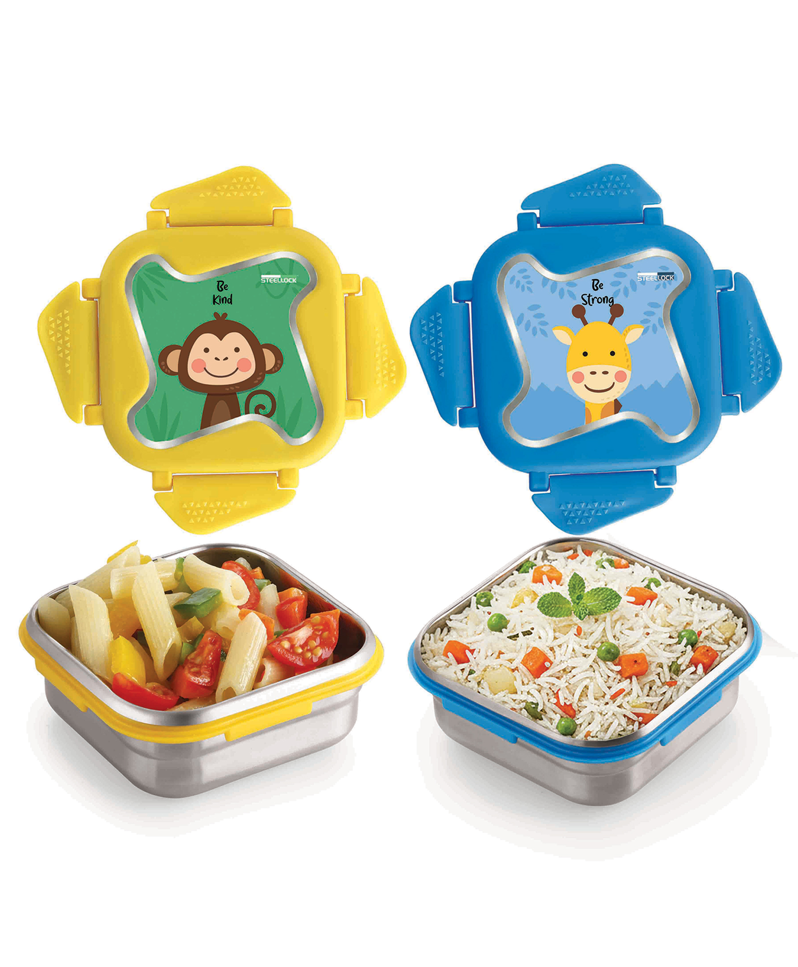 Steellock Smart Kids Stainless Steel Lunch Box Combo, Leakproof & Airtight Tiffin Box for School Boys & Girls, 4 Side Clip Lock |3D/UV Print Giraffe & Monkey Pack of 2 - 360 ml Each-image-36