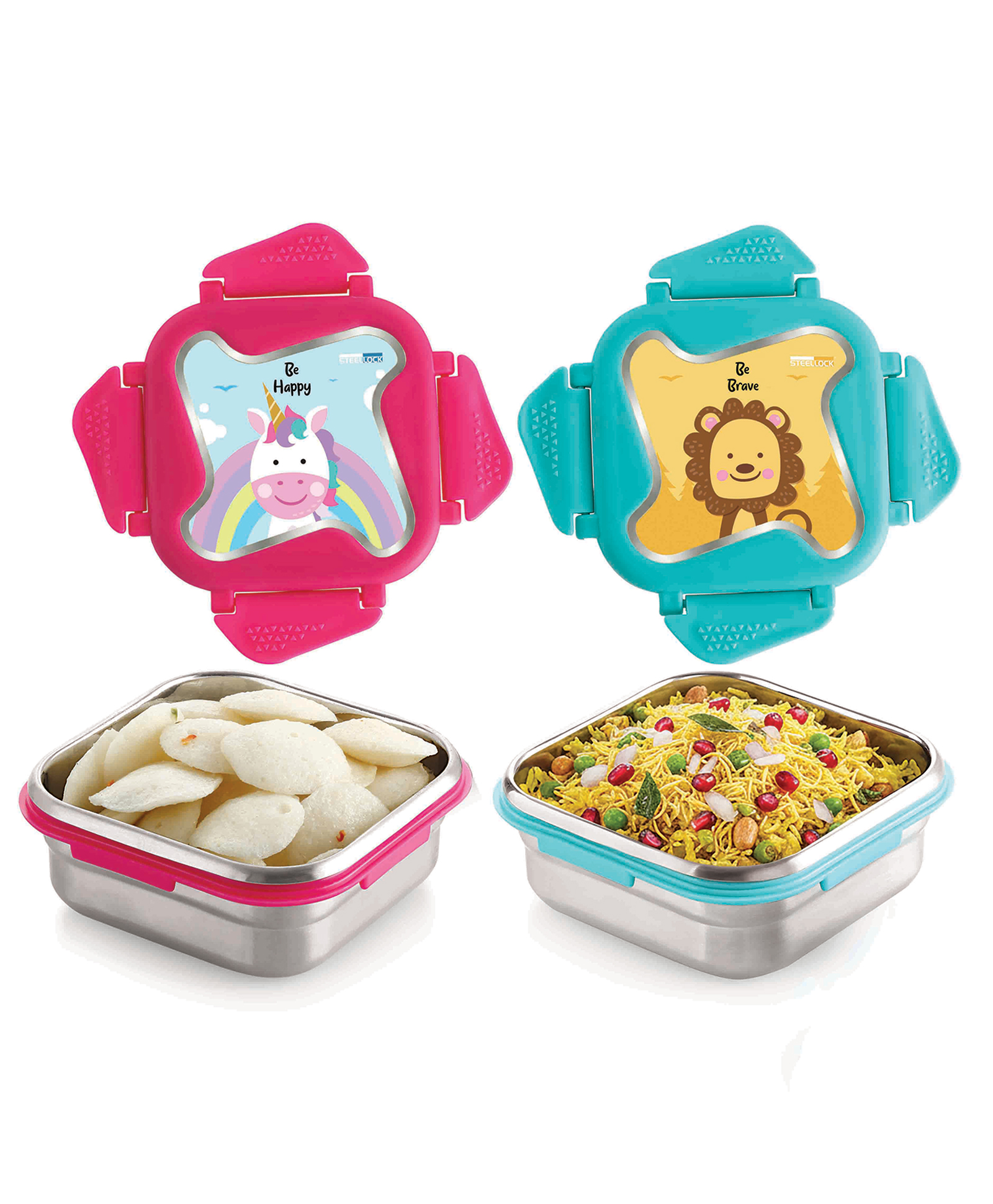 steel lock Steellock Smart Kids Stainless Steel Lunch Box Combo, Leakproof & Airtight Tiffin Box for School Boys & Girls, 4Side Clip Lock |3D/UV Print Unicorn & Lion Pack of 2 - 360 ml Each-picture-22