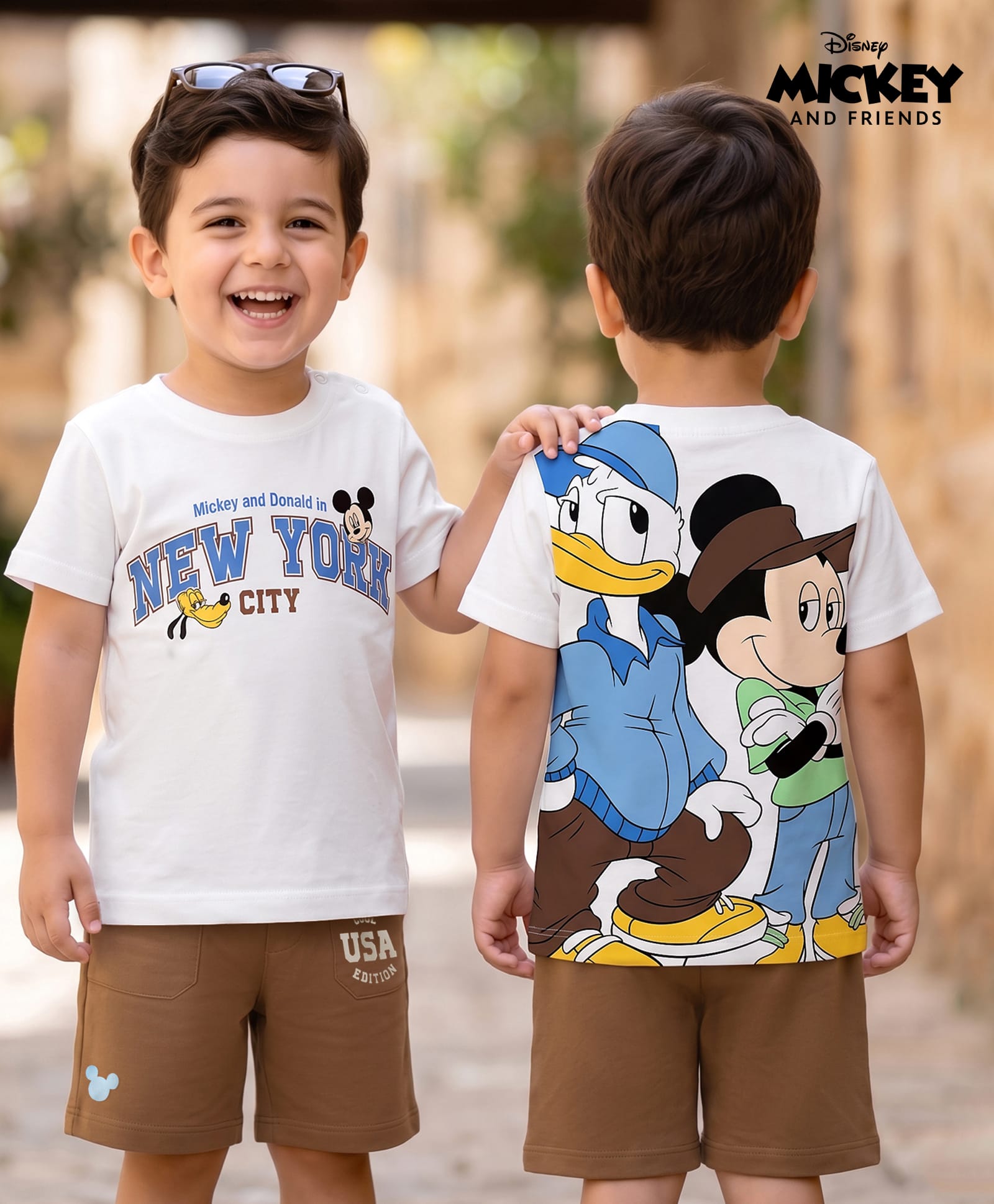 Babyhug Disney 100% Cotton Knit Half Sleeves T-Shirt & Shorts Set With Mickey Mouse & Friends Graphic - White & Tan-picture-35