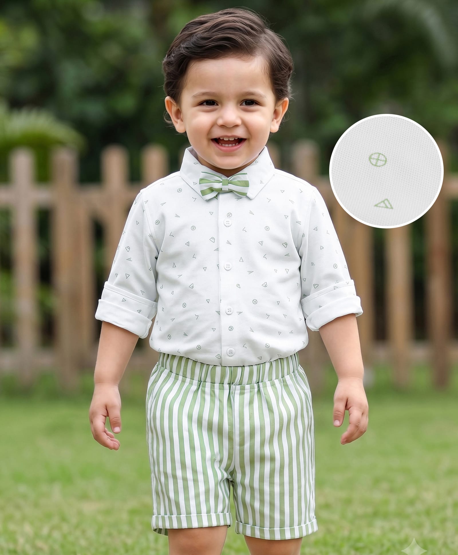Babyhug Cotton Woven Full Sleeves Printed Party Shirt & Shorts Set with Bow Applique & Stripes - Green & White-picture-25