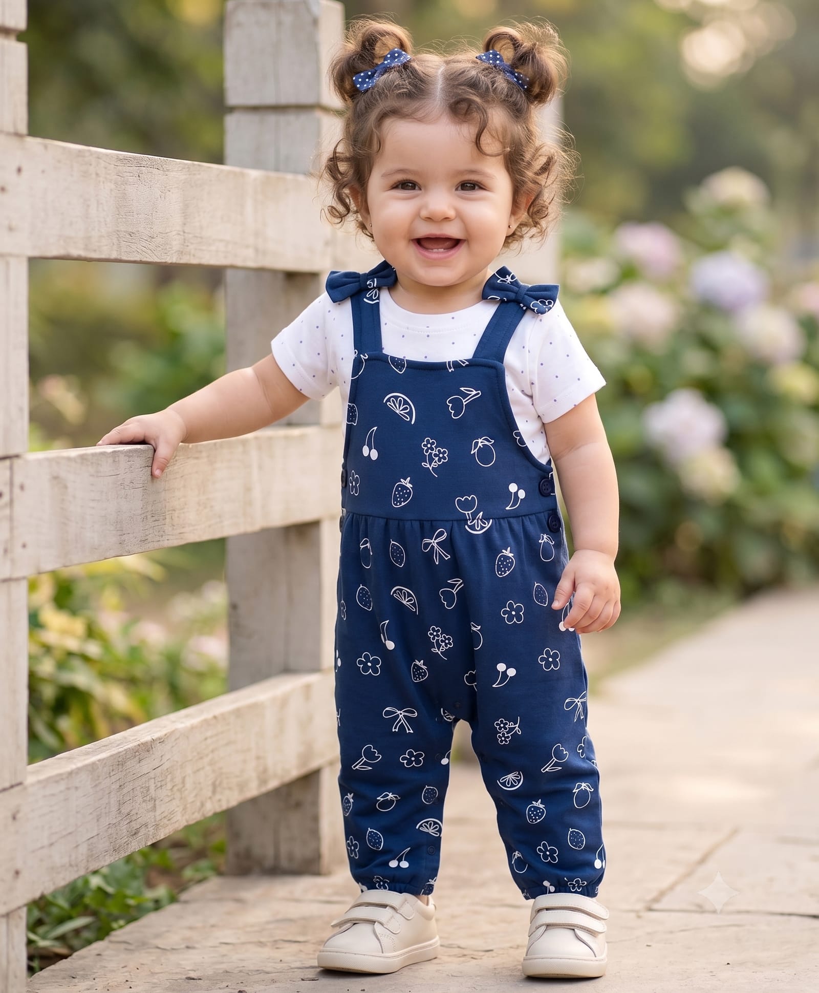 Doodle Poodle 100% Cotton Knit Half Sleeves Polka Dots & Tropical Theme Printed Dungaree & Tee Set With Bow Applique - White & Navy Blue-image-4