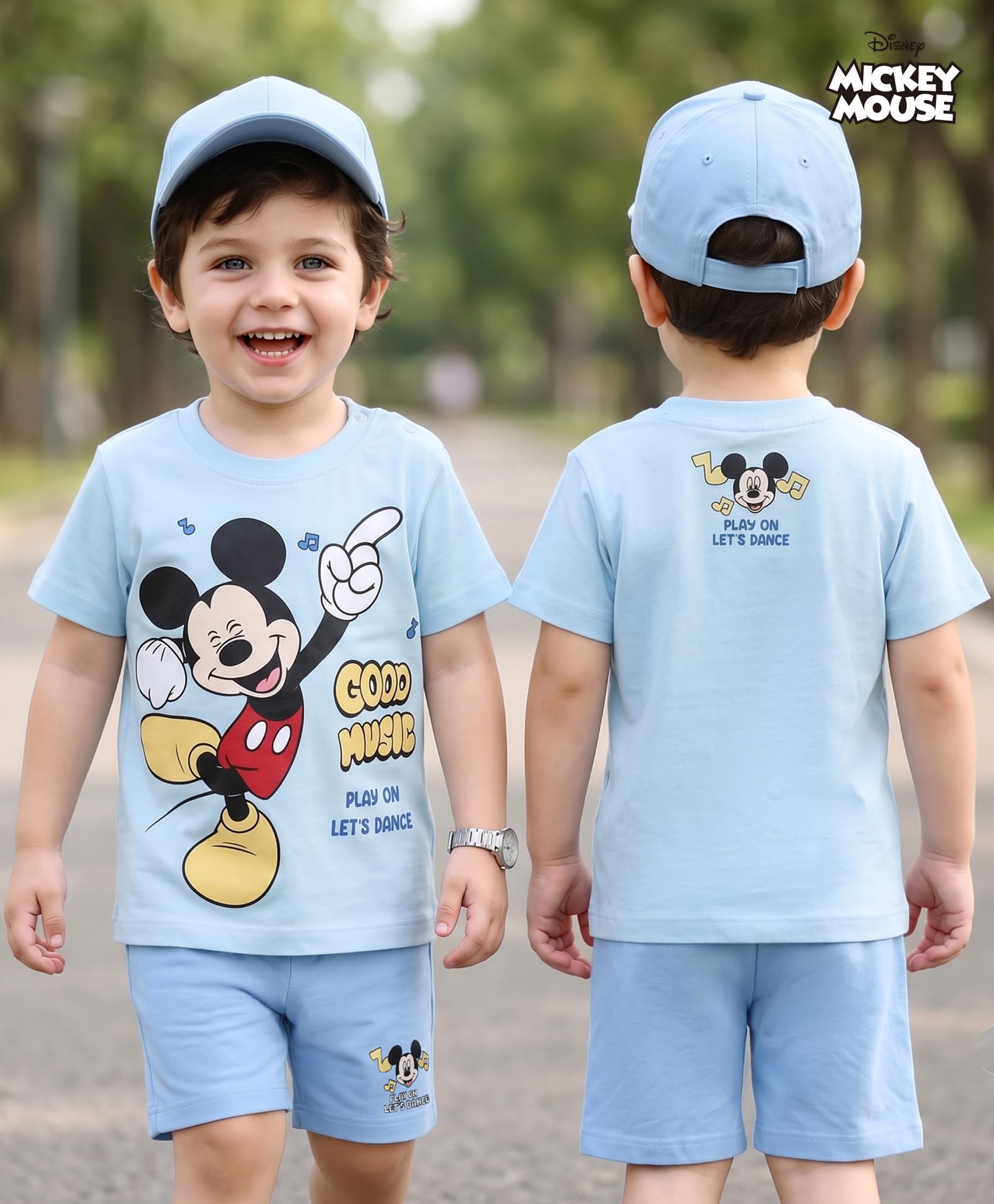 Babyhug Disney 100% Cotton Knit Half Sleeves T-Shirt & Shorts Set With Mickey Mouse Graphics - Light Blue-picture-33