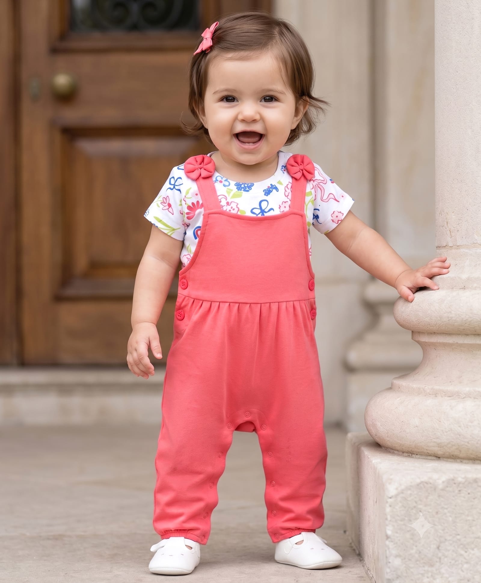Doodle Poodle 100% Cotton Knit Half Sleeves Floral Printed T-Shirt with Dungaree - White & Pink-image-42