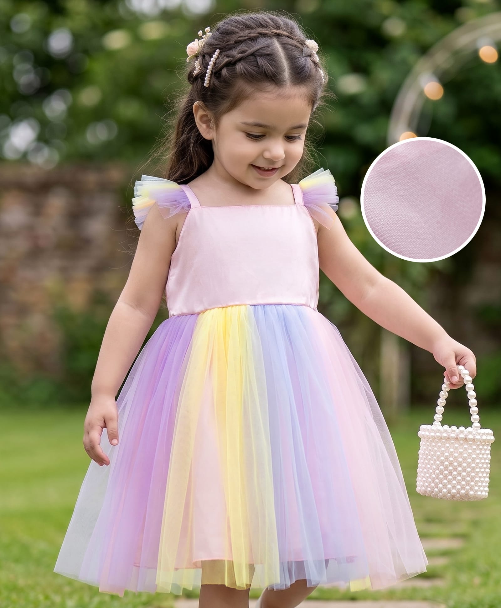 Babyhug Mesh Woven Sleeveless Fit & Flare Party Dress With Frill Detailing - Multicolor-picture-27