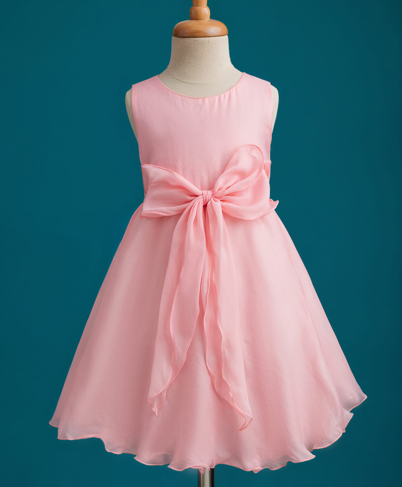 Babyhug Woven Sleeves Solid Color Party Dress with Bow Applique - Peach-image-40