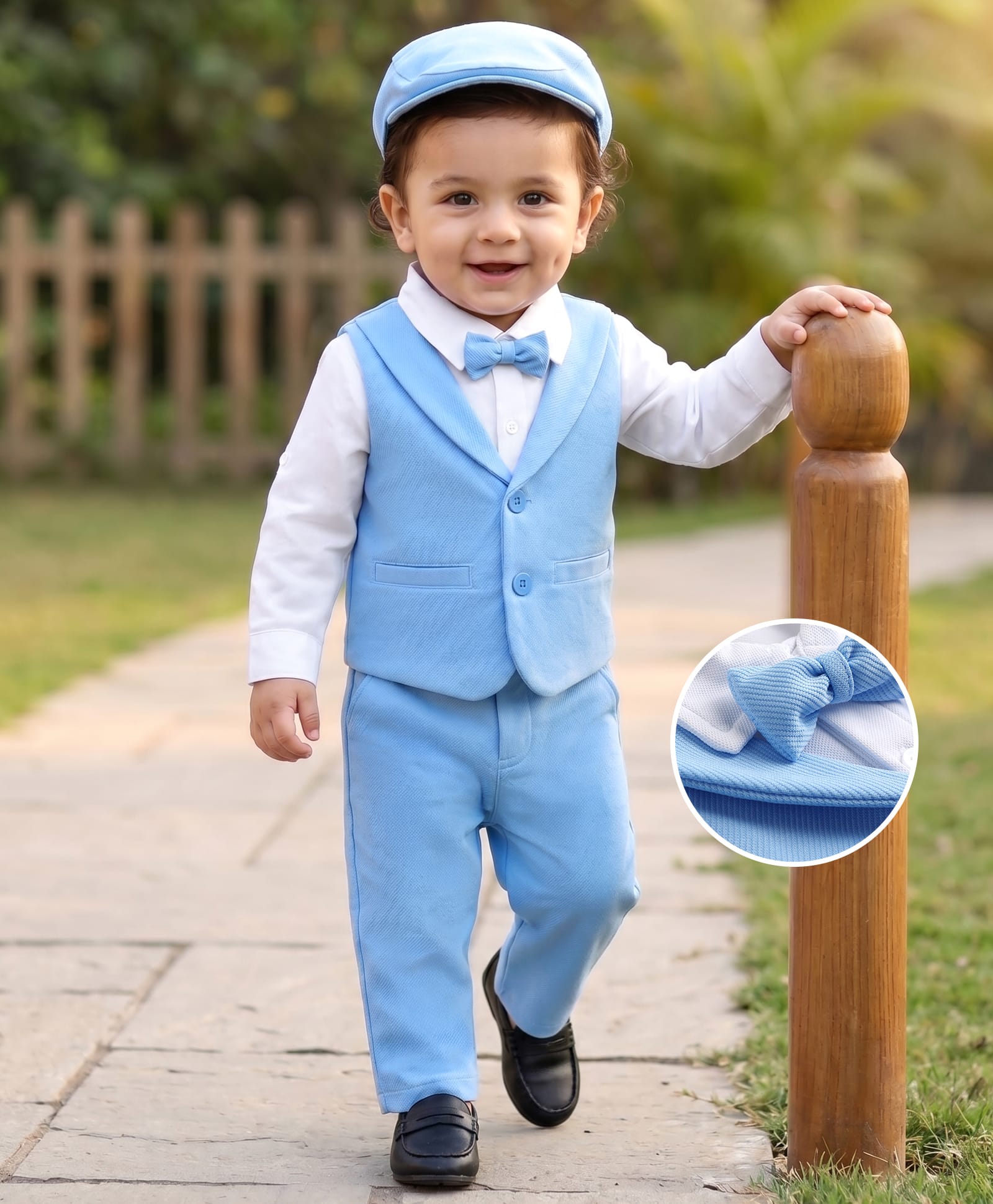 Babyhug Knit Full Sleeves Solid Party Shirt & Trouser with Attached Waistcoat Bow & Cap - Light Blue-picture-10