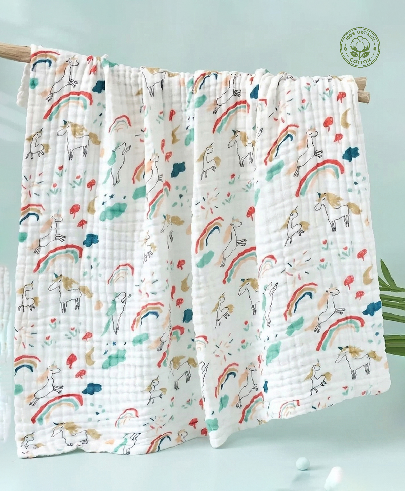 Baby Tales Swaddle Blanket Unisex Muslin Wrap, 100% Breathable Cotton, Unicorn & Rainbow Pattern - Multicolor-image-45