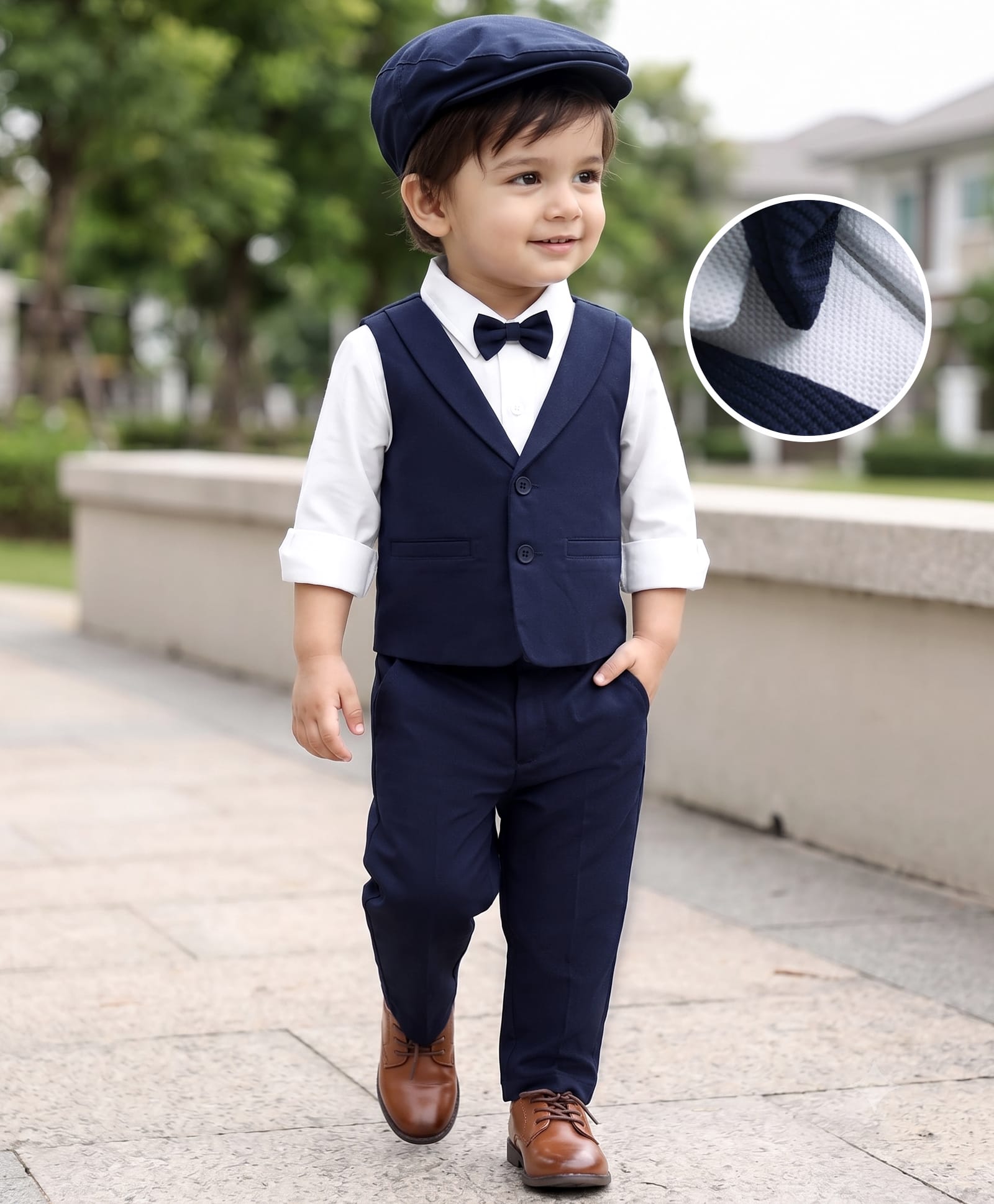Babyhug Knit Full Sleeves 3 Piece Party Suit With Bow & Cap - Navy Blue-image-33