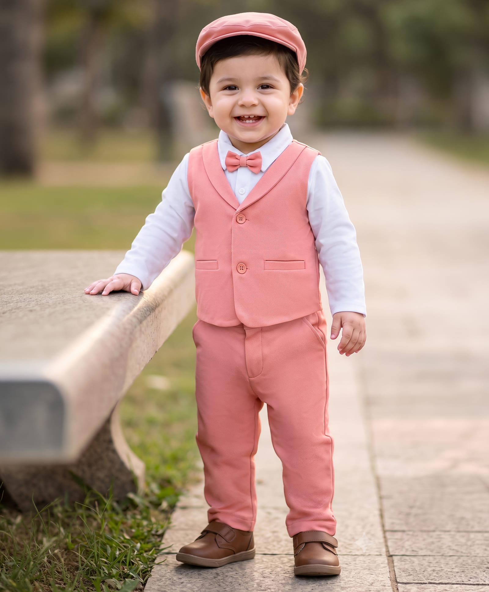 Babyhug Knit Full Sleeves Solid Party Shirt & Trouser with Attached Waistcoat Bow & Cap - Peach-picture-25