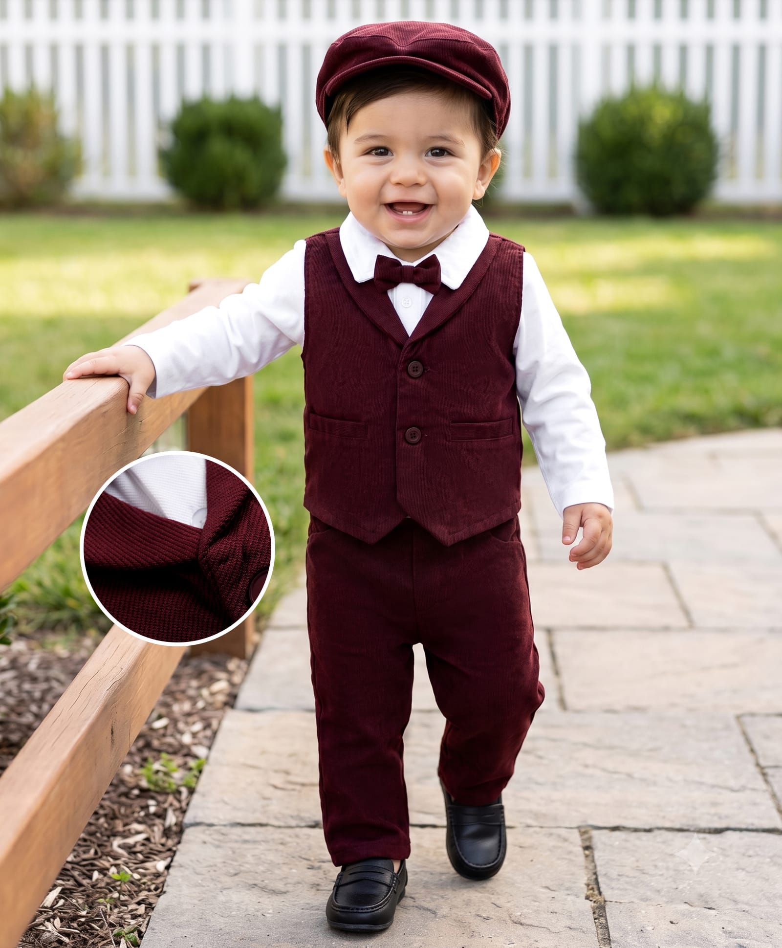 Babyhug Knit Full Sleeves Solid Shirt & Trouser with Bow & Cap - Wine-image-42