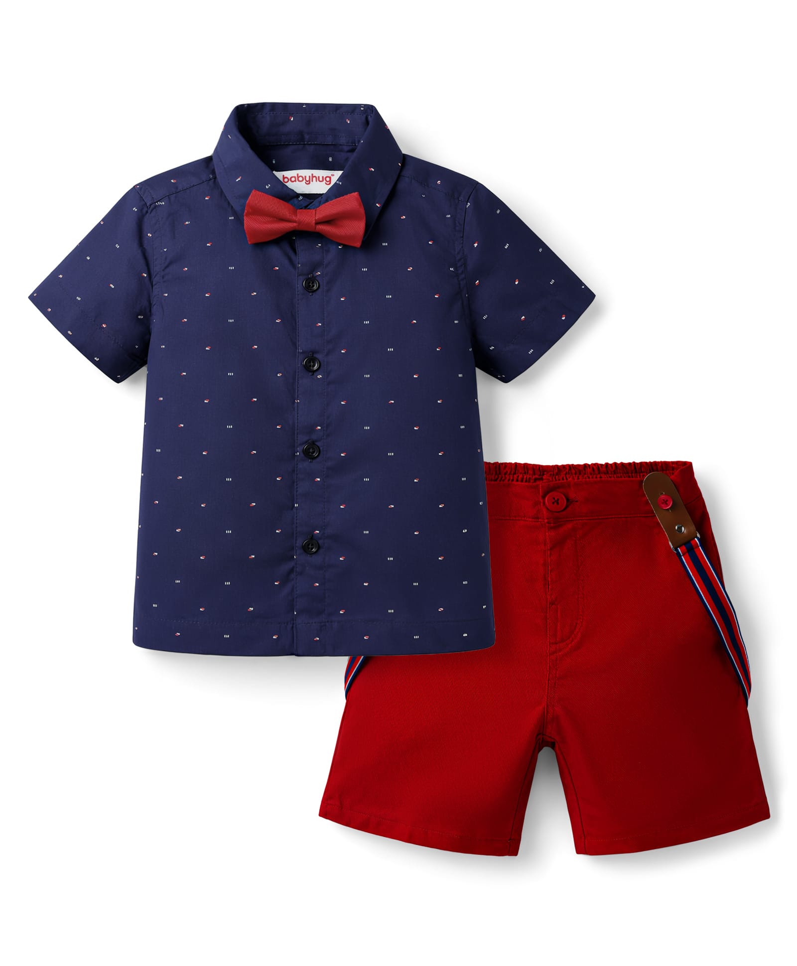 Babyhug Cotton Woven Half Sleeves Printed Shirt & Shorts with Bow & Suspender - Navy Blue & Maroon-picture-33