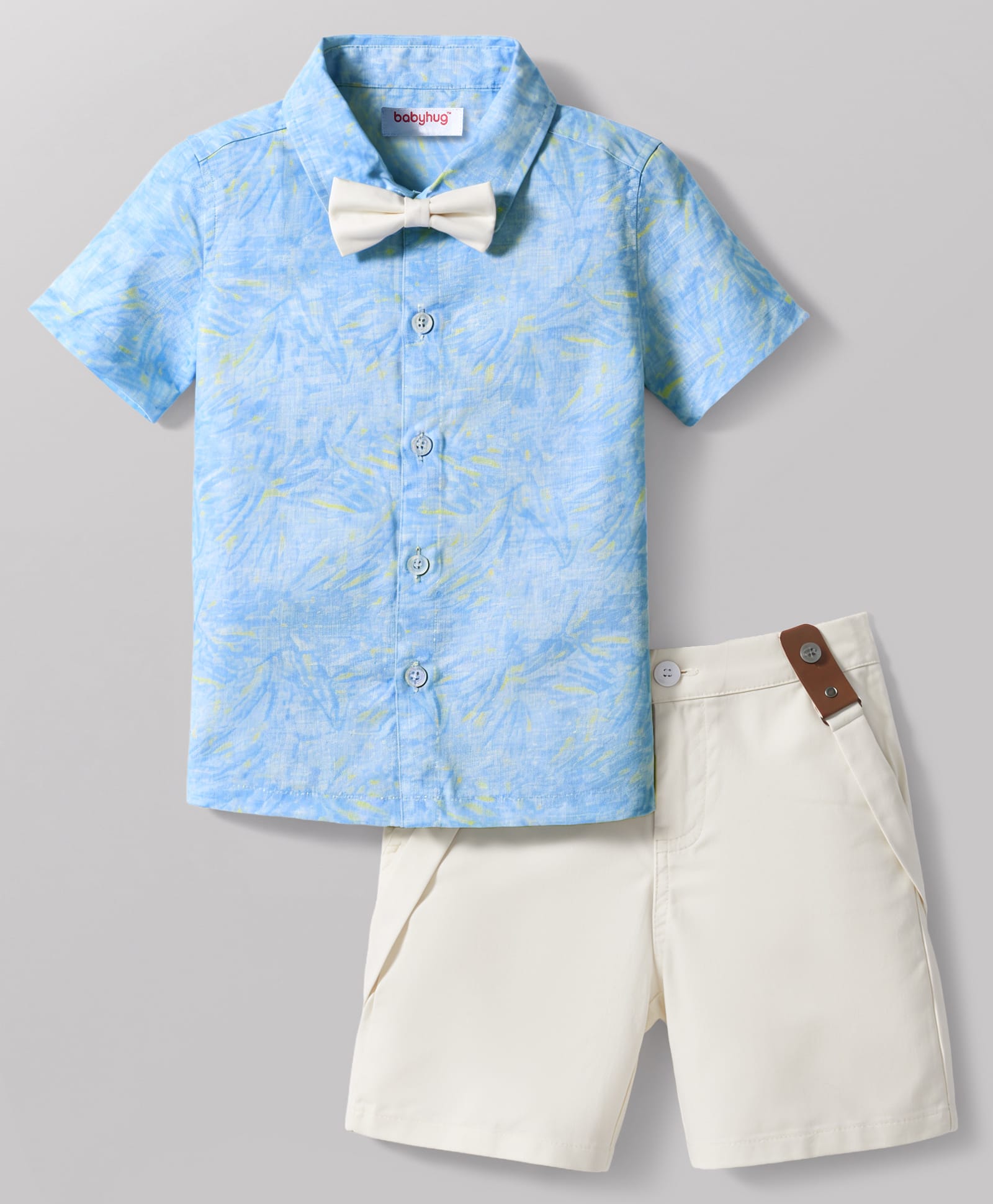 Babyhug Cotton Woven Half Sleeves Party Shirt & Shorts With Suspender & Bow Applique - Light Blue & White-image-8