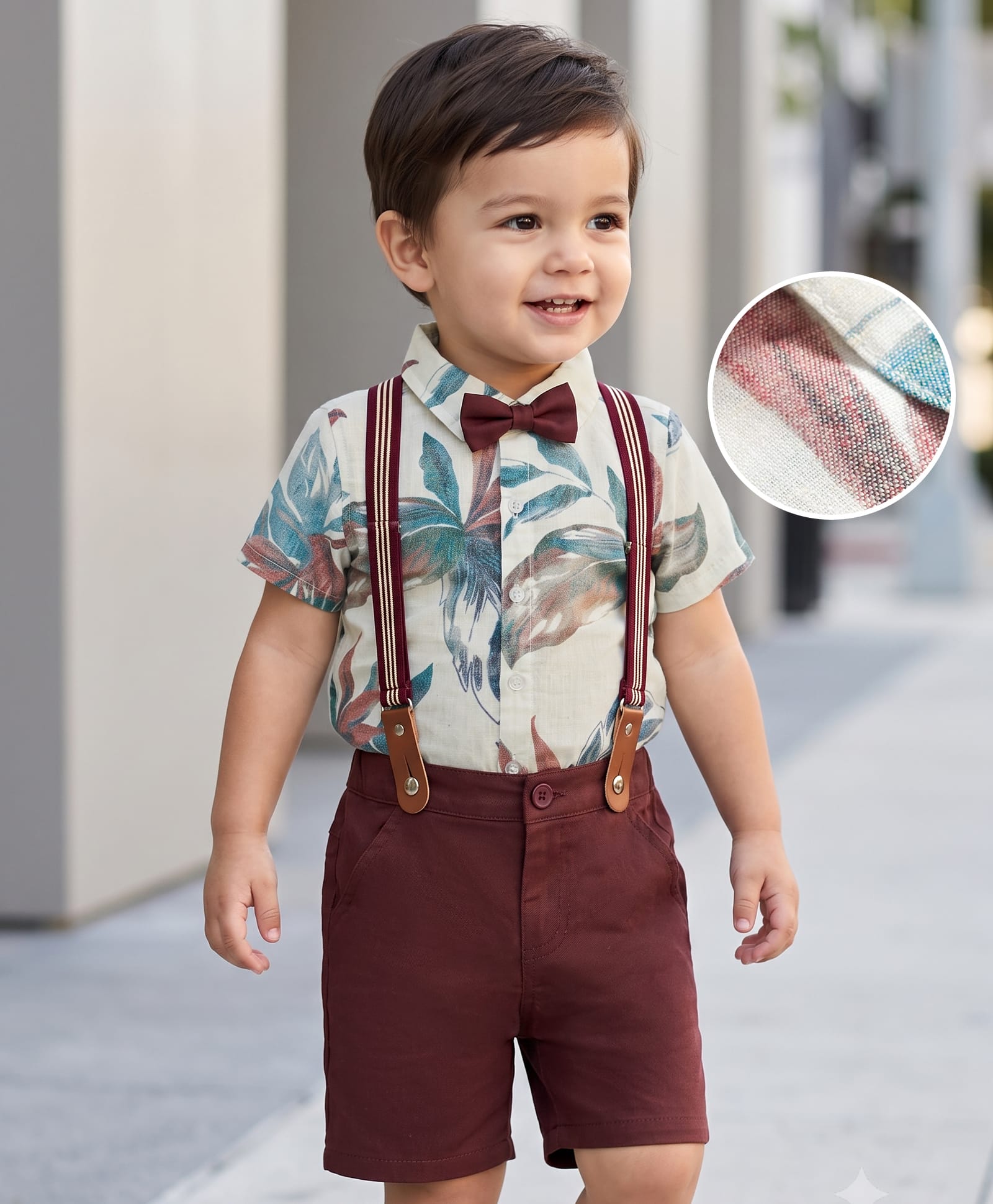 Babyhug Cotton Woven Half Sleeves Tropical Theme Printed Party Shirt & Shorts Set With Suspender & Bow - Multicolor-picture-22