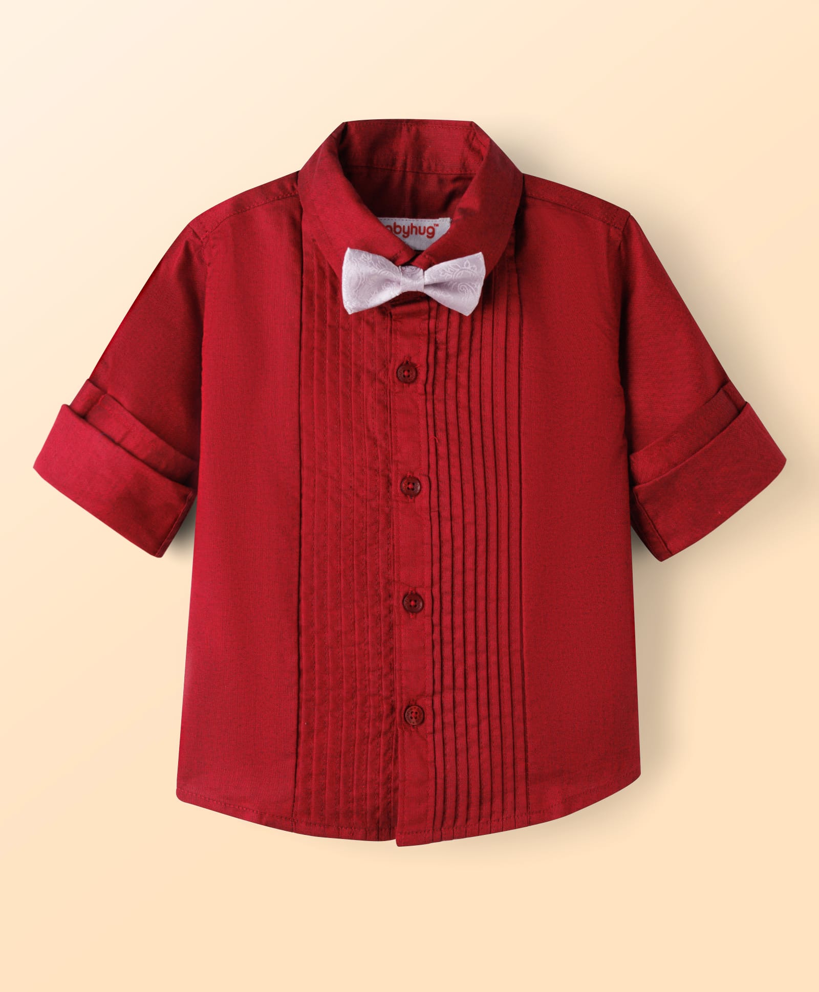 Babyhug Cotton Satin Woven Full Sleeves Pintuck Solid Shirt with Bow - Red-picture-28