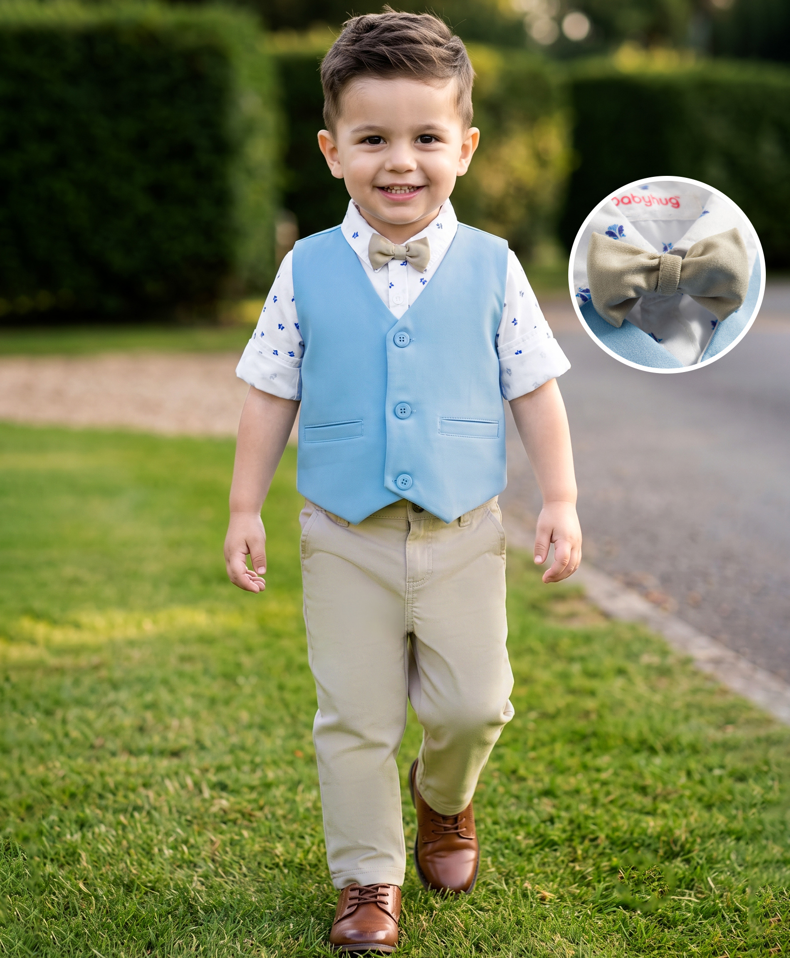 Babyhug Knit Full Sleeves 3 Piece Party Suit With Bow & Floral Print - White & Brown-picture-28