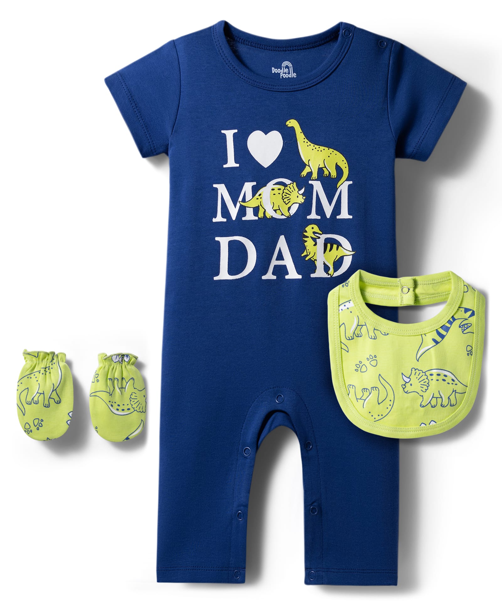 Doodle Poodle 100% Cotton Knit Half Sleeves Printed Romper with Bib & Mittens - Navy Blue & Lime Green-picture-13