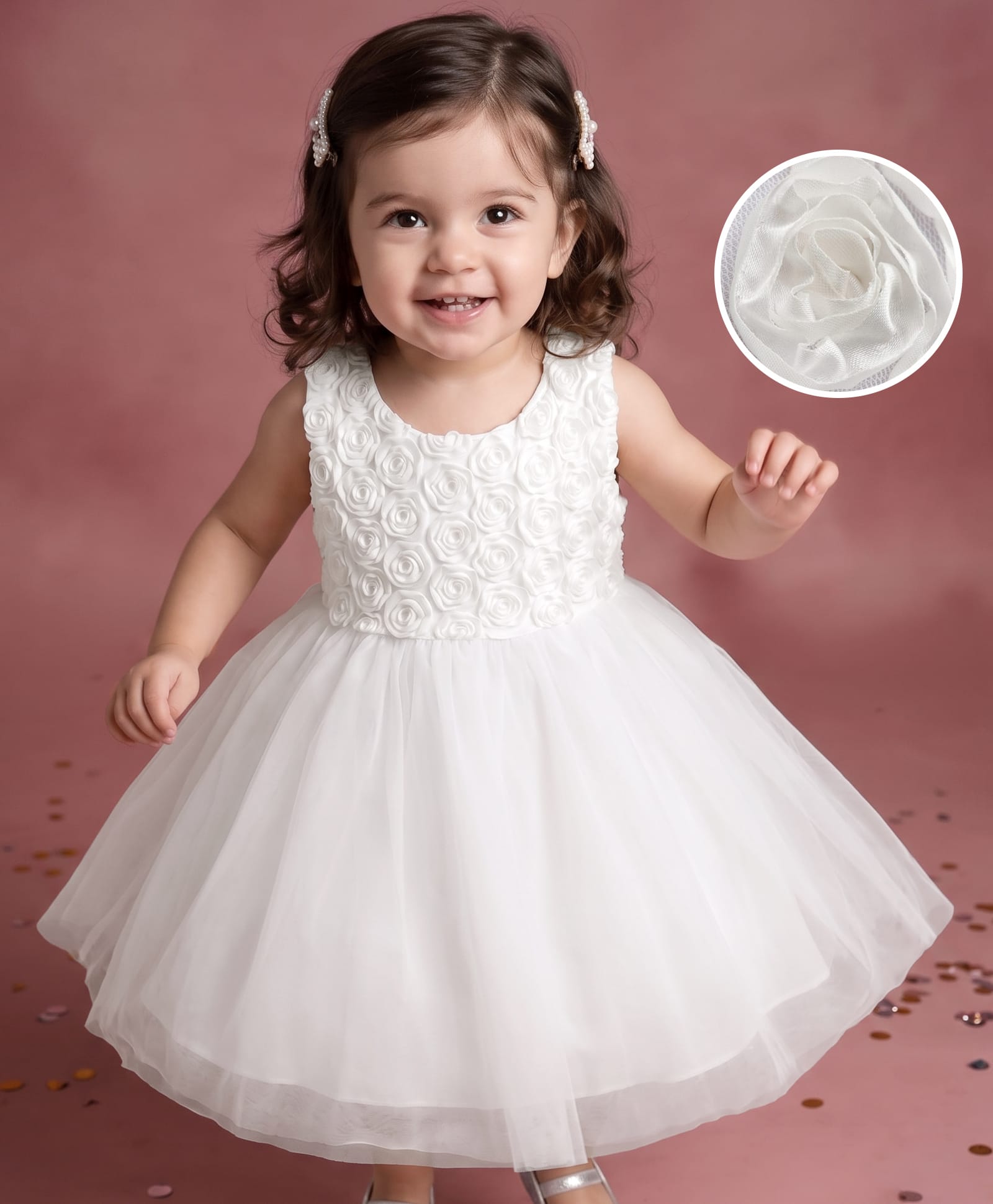 Babyhug Mesh Woven Sleeveless Party Dress with Corsage - White-image-47