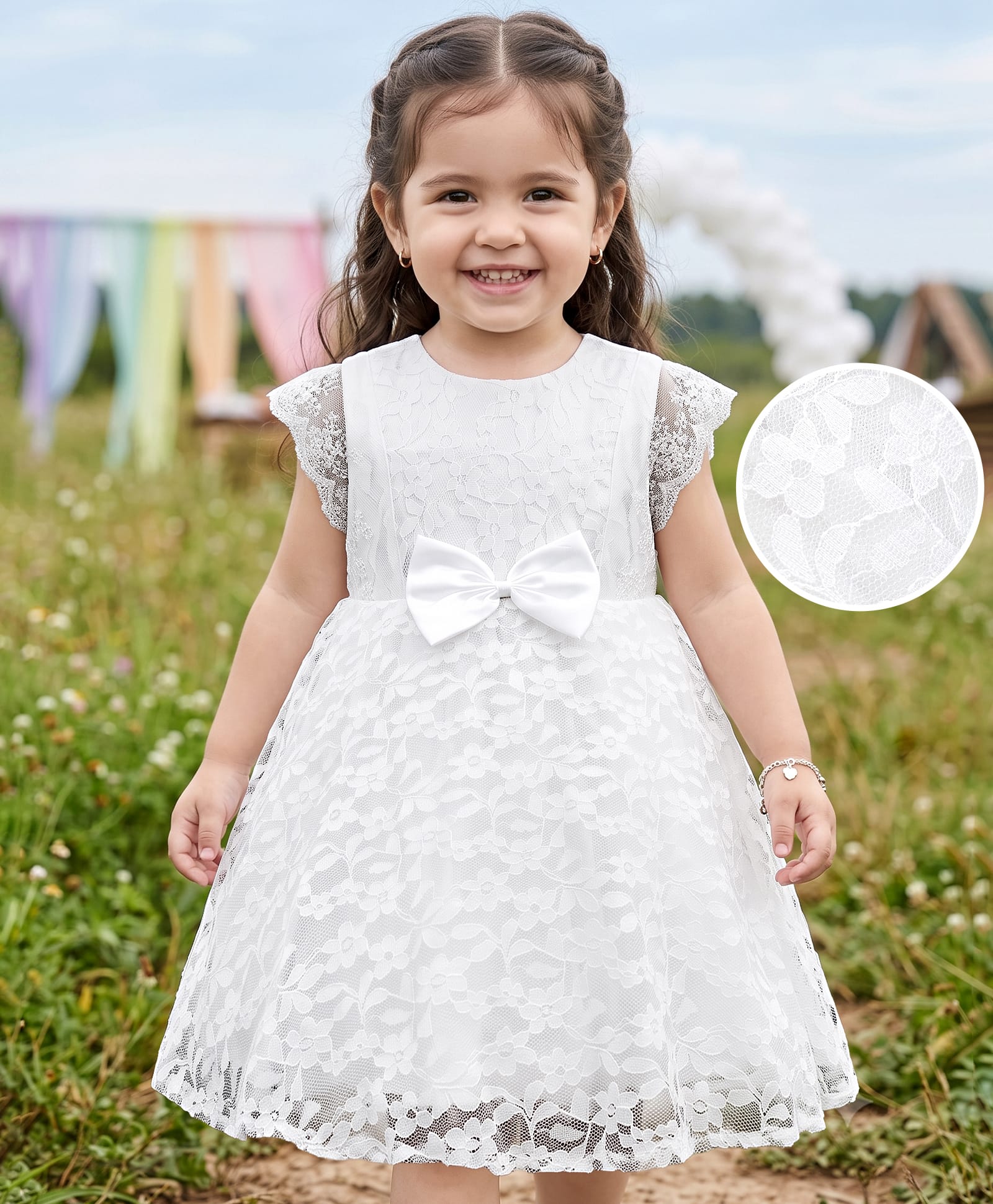 Babyhug Lace Woven Cap Sleeves Party Dress With Satin Bow Applique & Cotton Lining - White-image-41