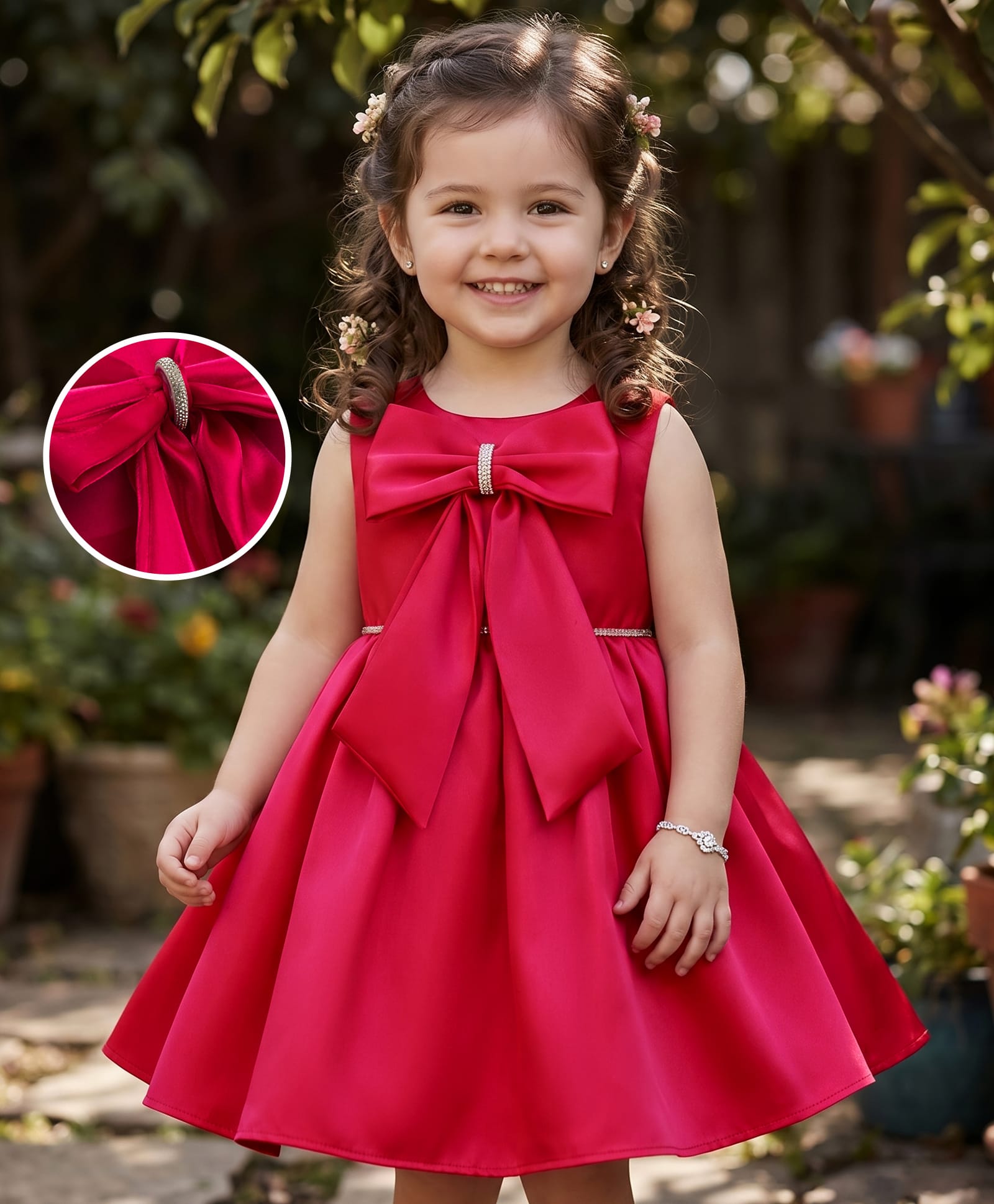 Babyhug Woven Sleeveless Party Dress with Bow Detailing & Cotton Lining - Dark Pink-image-2
