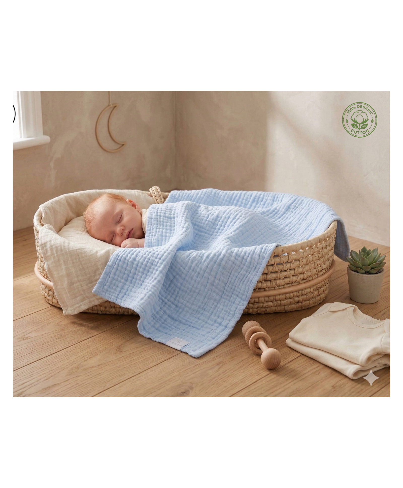 Baby Tales 6 Layers of 100% Pure Organic Cotton Gauze Solid Color Bath Towel L 110 x B 110 cm - Blue-image-6