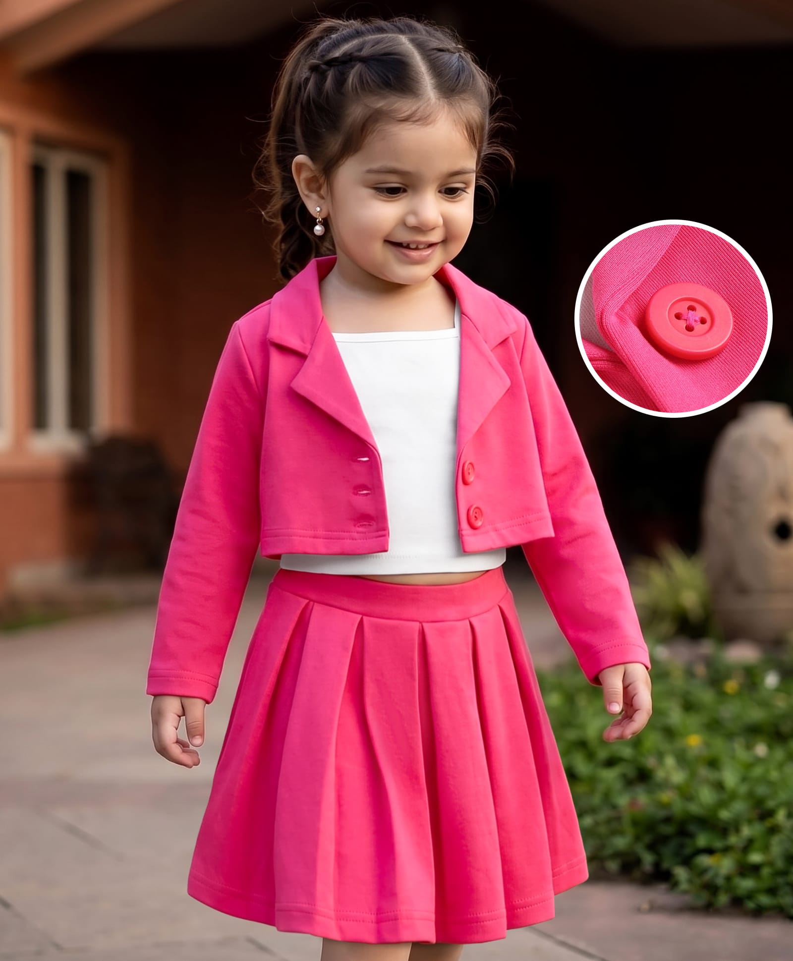 Babyhug Scuba Knit Full Sleeves Solid Jacket & Pleated Skirt With Inner Tee - Pink-picture-24