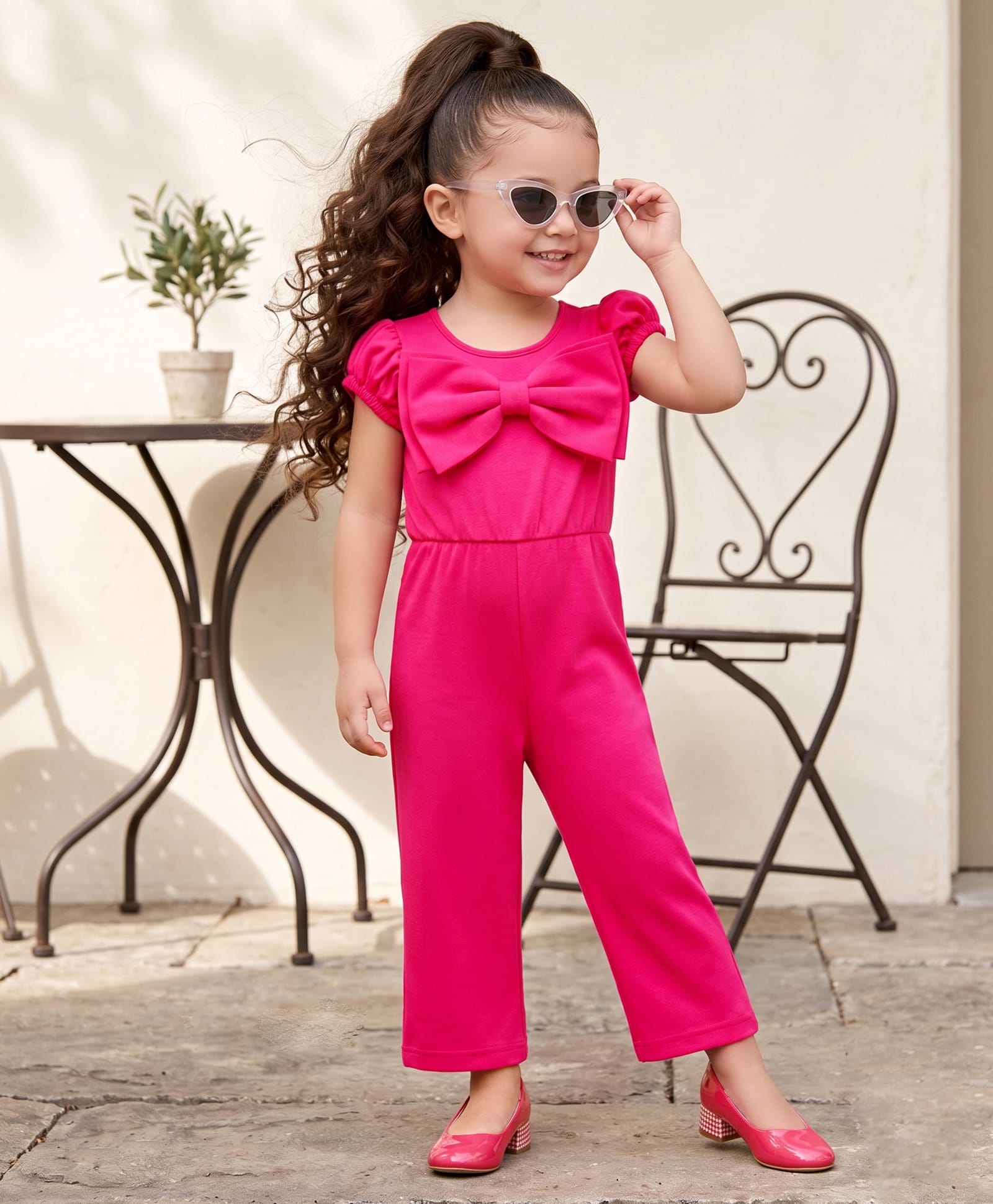 Babyhug Scuba Woven Half Sleeves Solid Colour Jumpsuit With Bow Applique - Fuchsia-image-19