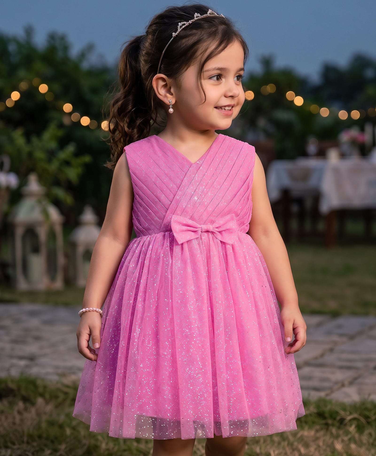 Babyhug Mesh Woven Sleeveless Yoke Pleated Party Dress With Shimmer Detailing & Bow Applique - Fuschia-image-37