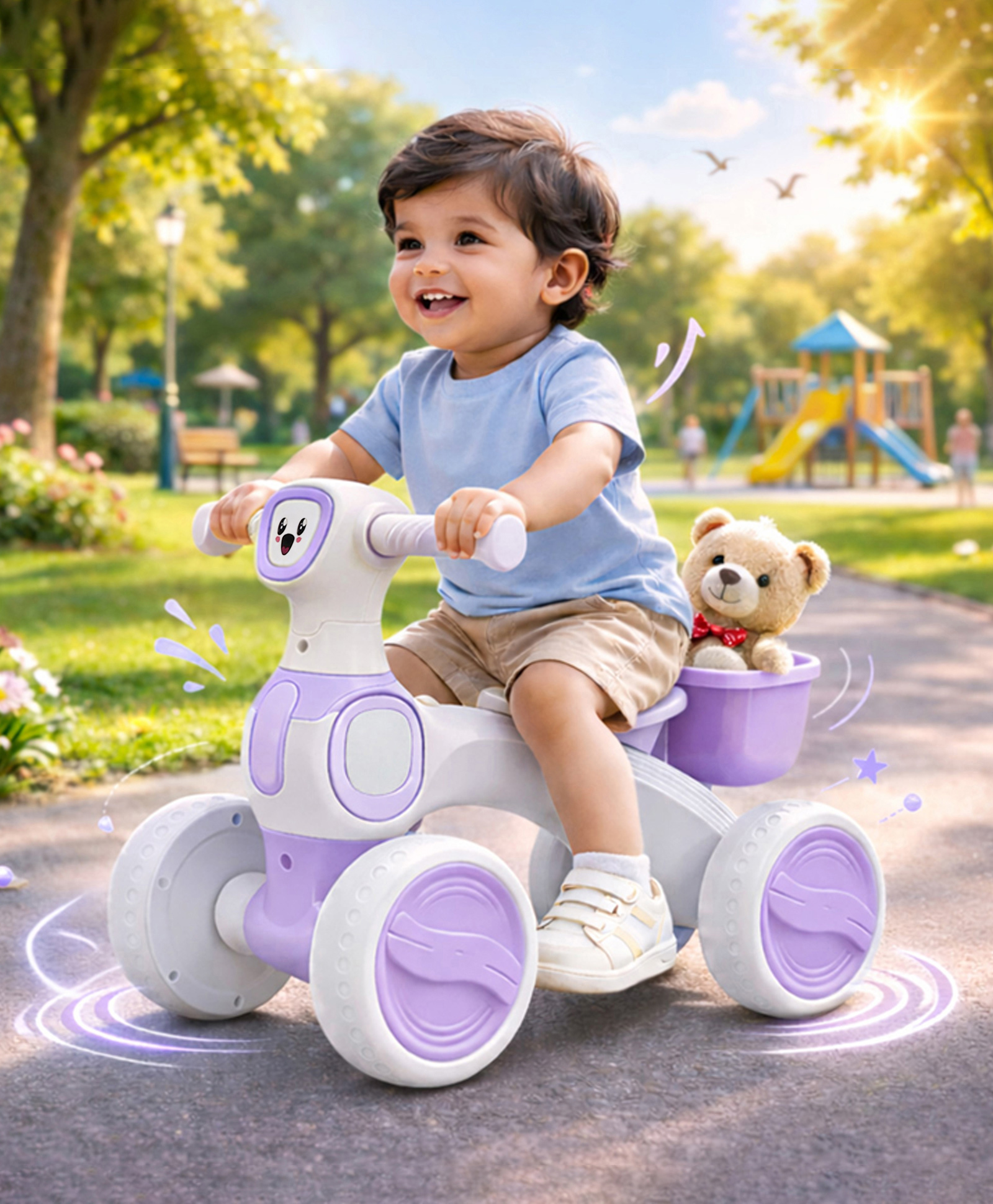 Kids Manual Push Ride on with Music & Light| Foot to Floor Operation| Storage Space| Comfortable Seat| Sturdy & Durable Built| Smooth Wheels- Purple-image-29