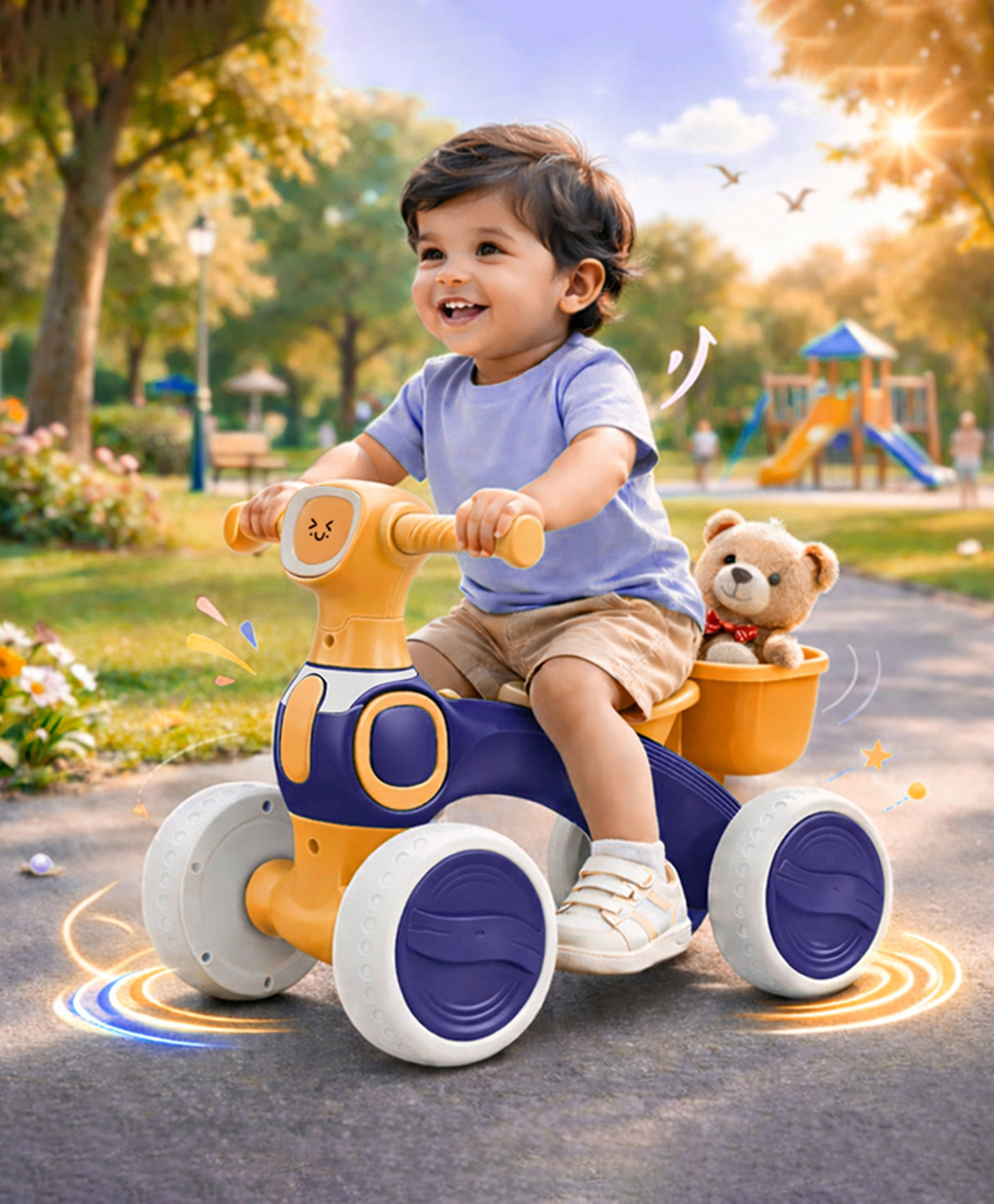Kids Manual Push Ride on with Music & Light - Orange Dark Blue| Foot to Floor Operation| Storage Basket| Comfortable Seat| Sturdy & Durable Built| Smooth Wheels-image-19
