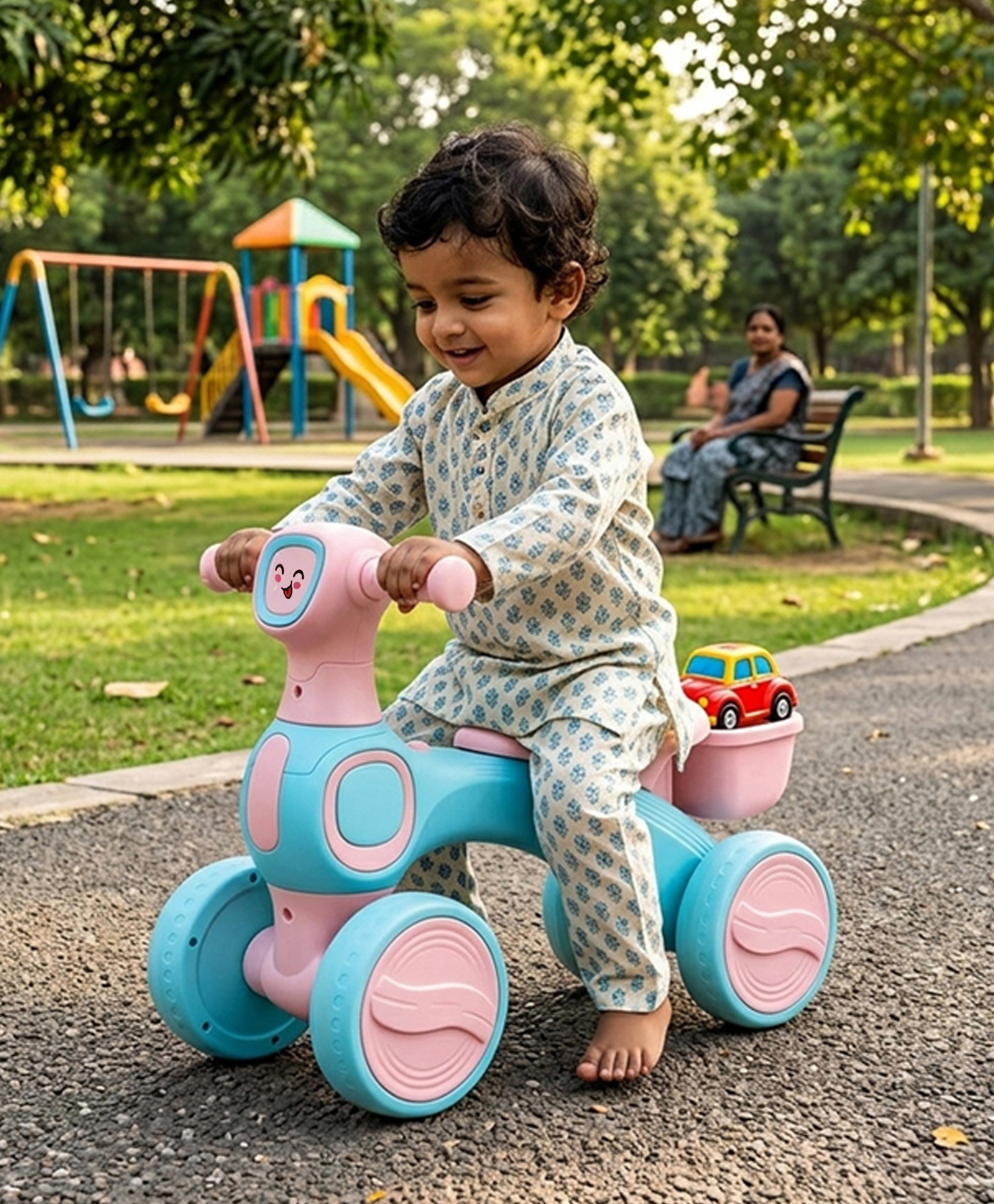 Kids Manual Push Ride on with Music & Light | Foot to Floor Operation| Storage Space| Comfortable Seat| Sturdy & Durable Built| Smooth Wheels- Pink Blue-image-30