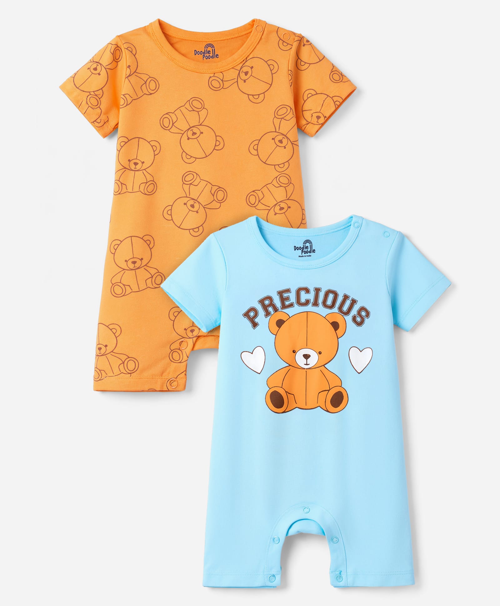 Doodle Poodle 100% Cotton Knit Half Sleeves Rompers with Teddy Print Pack of 2 - Light Peach & Light Blue-picture-34