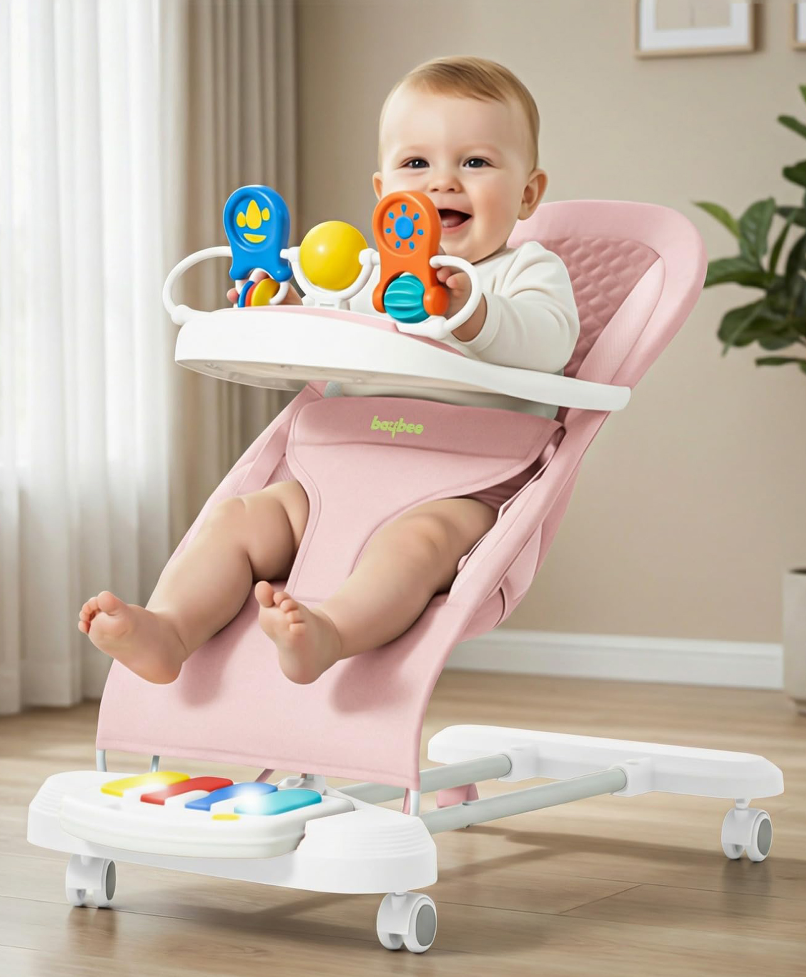 Baybee Nestra Rocker for Baby with Music & Light Kick Piano, 3 Recline, Removable Toy Tray | Wheels with Safety Lock | Foldable Design Pink-image-2