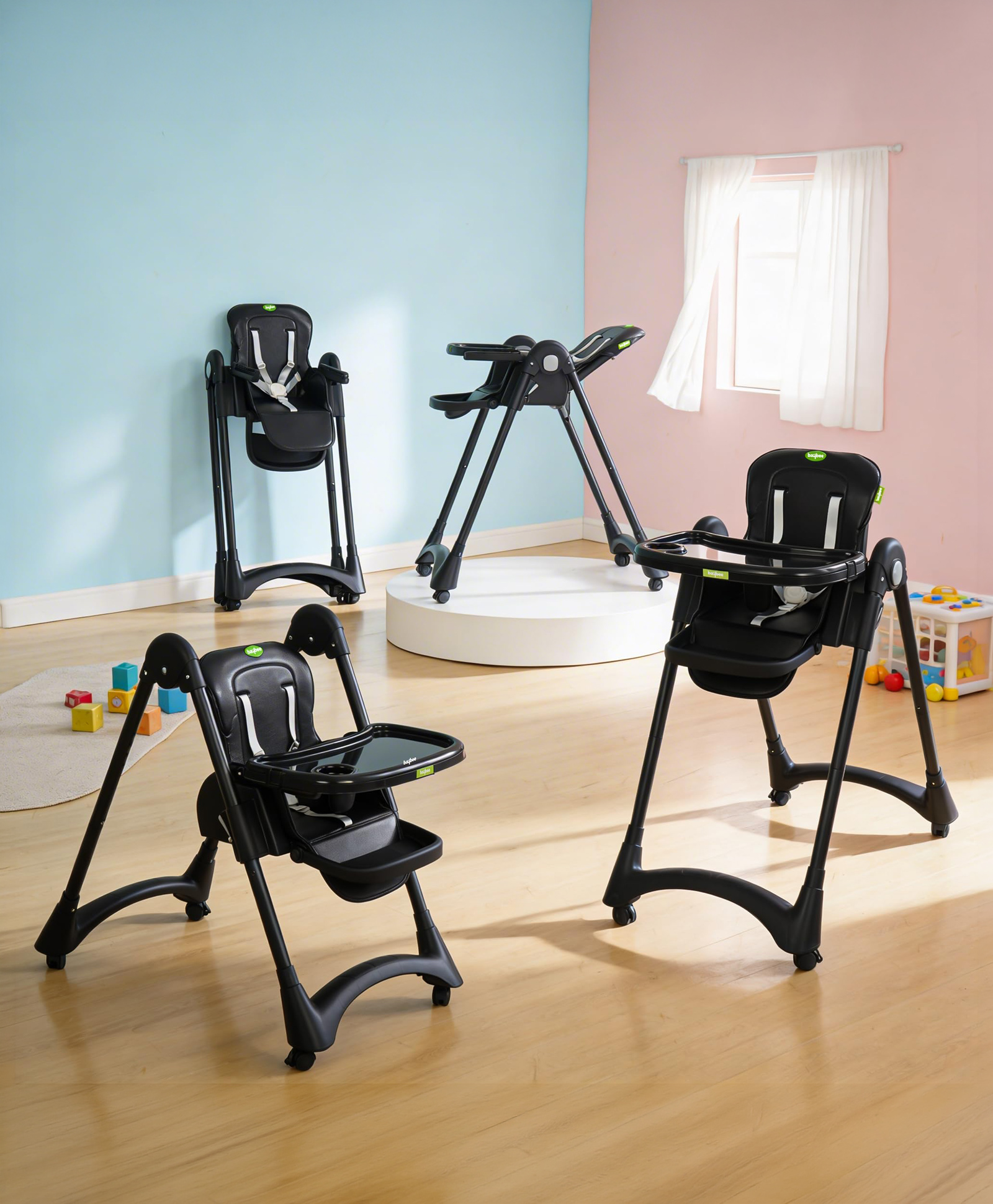 BAYBEE High Chair for Baby, 6-Level Height Adjustable with Reclining Backrest, 5-Point Safety Harness, Double Removable Tray, Footrest & Lockable Wheels - Black-image-41