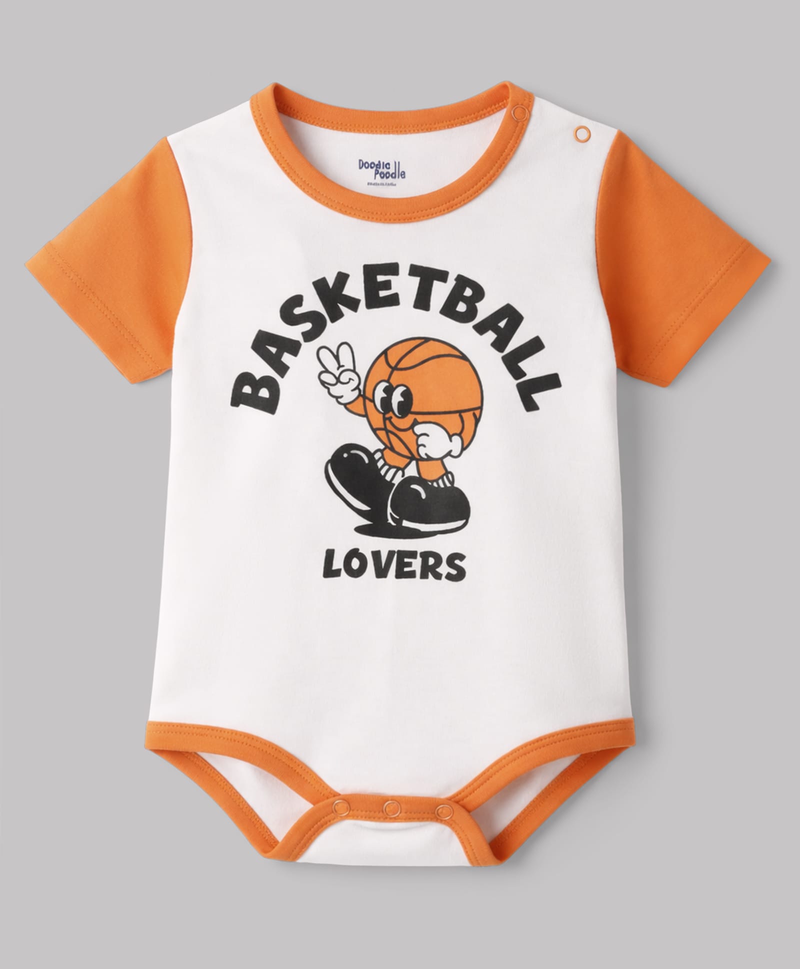 Doodle Poodle 100% Cotton Interlock Knit Half Sleeves Onesie With Basketball Print - White & Orange-image-46