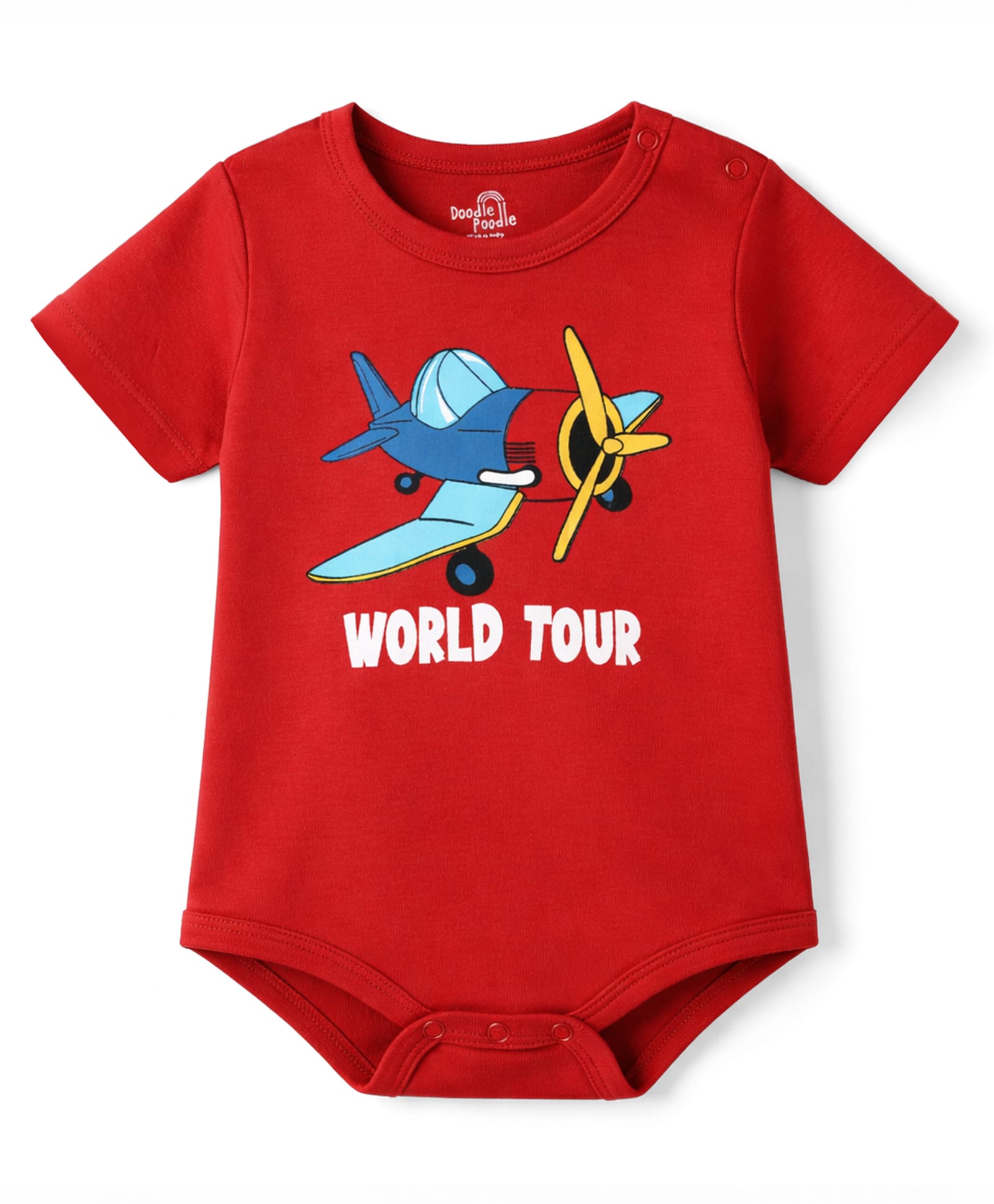 Doodle Poodle 100% Cotton Interlock Knit Half Sleeves Onesie With Aeroplane Print - Red-image-27