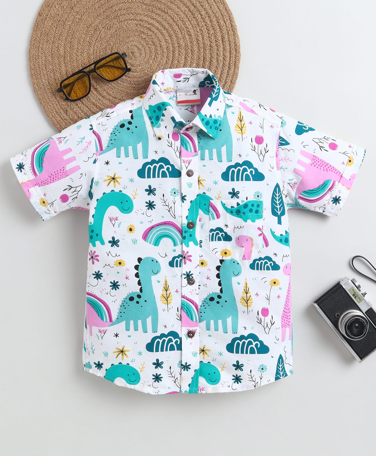 BAATCHEET Cotton Woven Half Sleeves Dinosaurs Printed Shirt - Green-picture-25