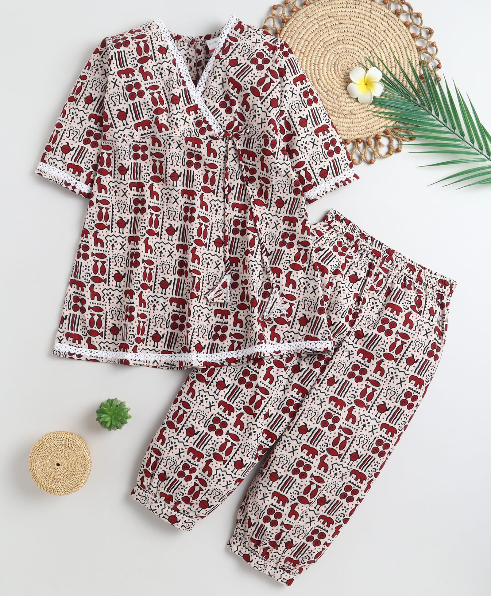 BAATCHEET Cotton Woven Three Fourth Sleeves Tribal Printed Angrakha Style Kurta & Patiala Set - White-picture-16